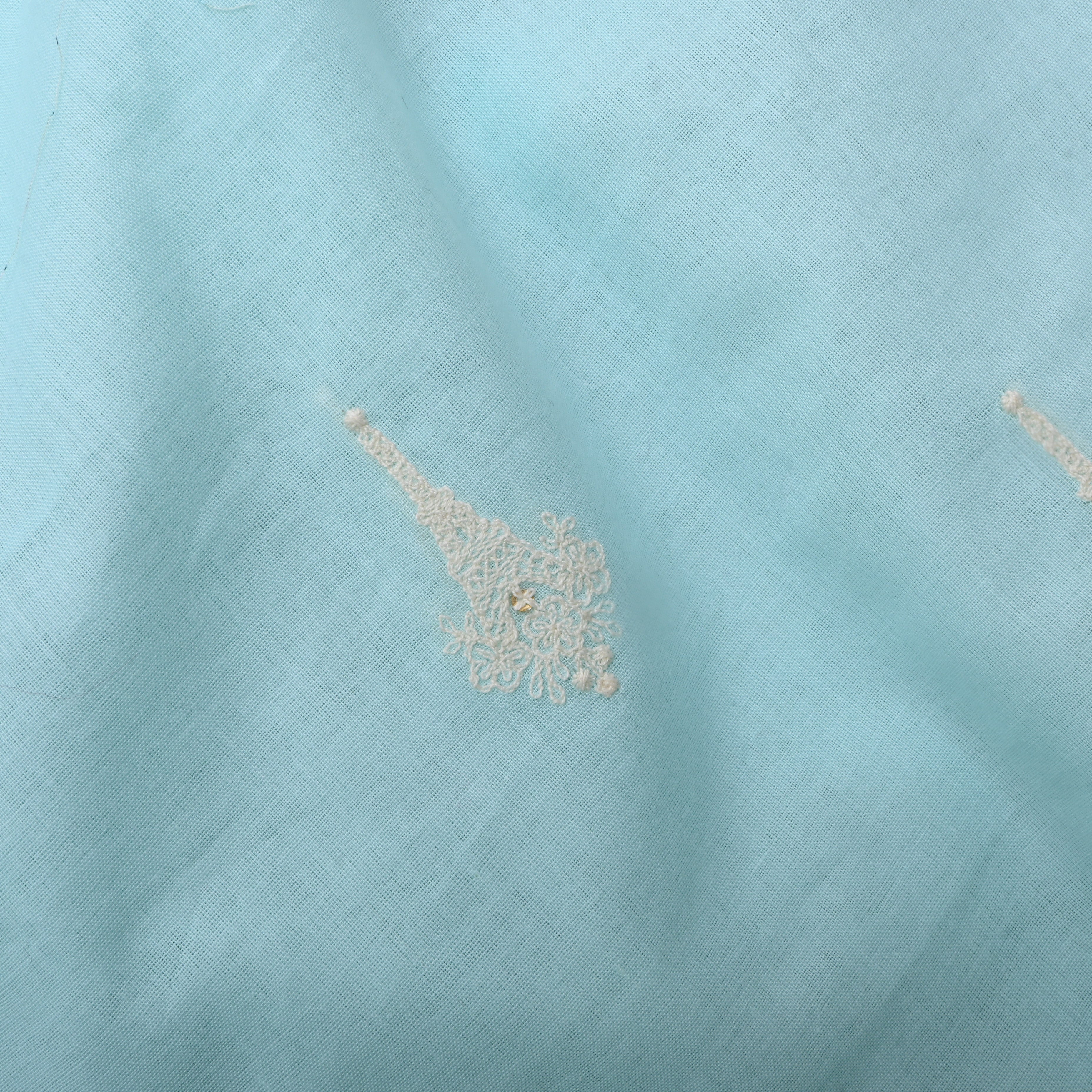 Cyan Blue Floral Thread Embroidered Cotton Fabric