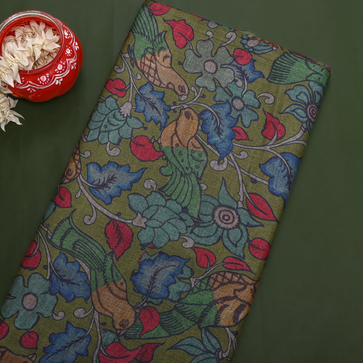 Avocado Green Kalamkari Bird And Floral Digital Print Raw Silk Fabric