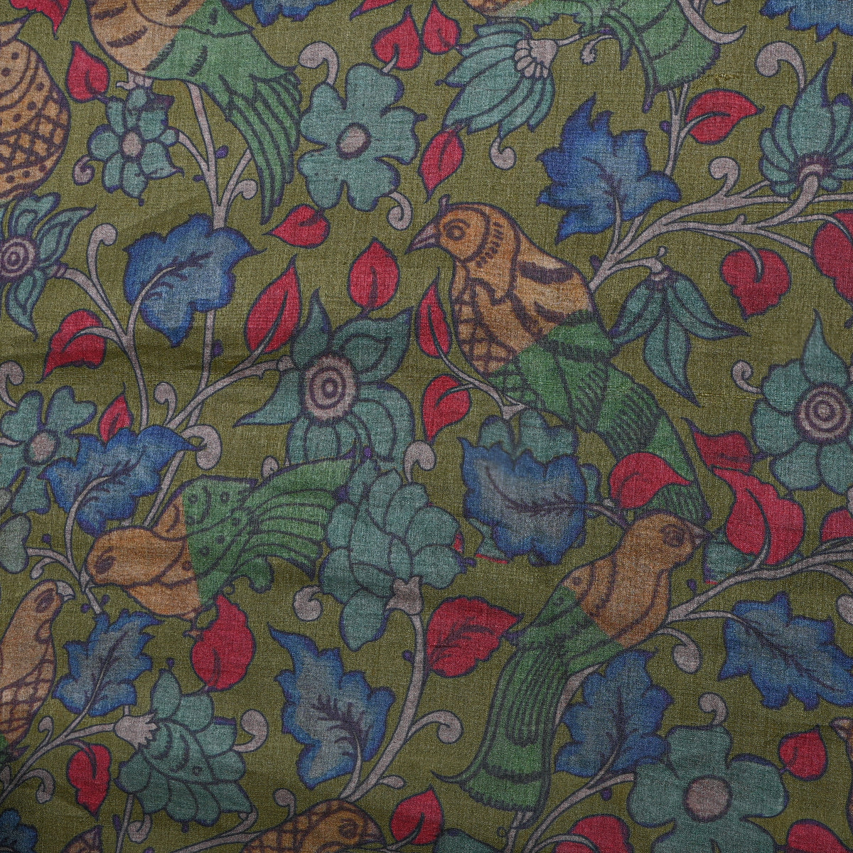 Avocado Green Kalamkari Bird And Floral Digital Print Raw Silk Fabric