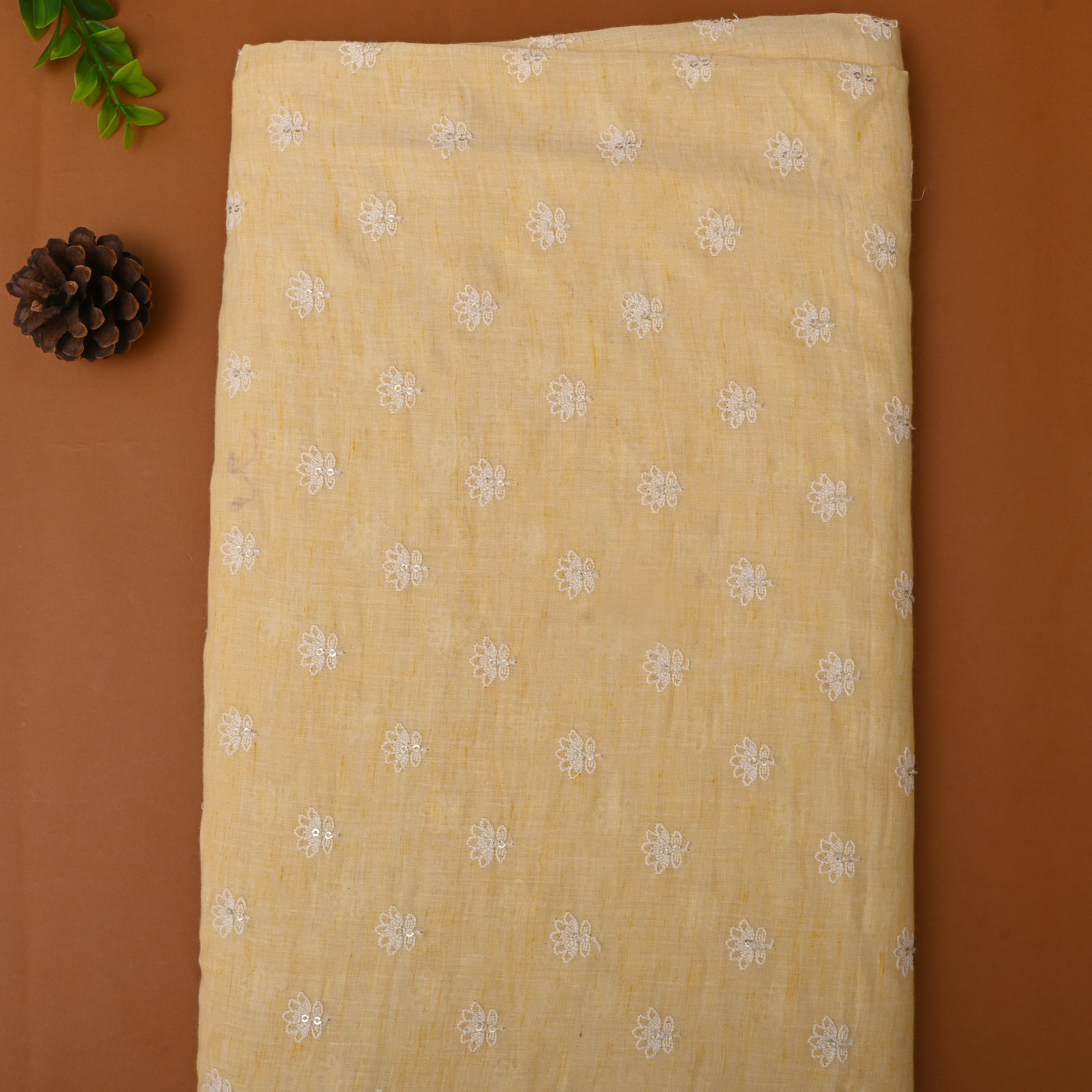 Pale Yellow Floral Thread Embroidered Cotton Fabric