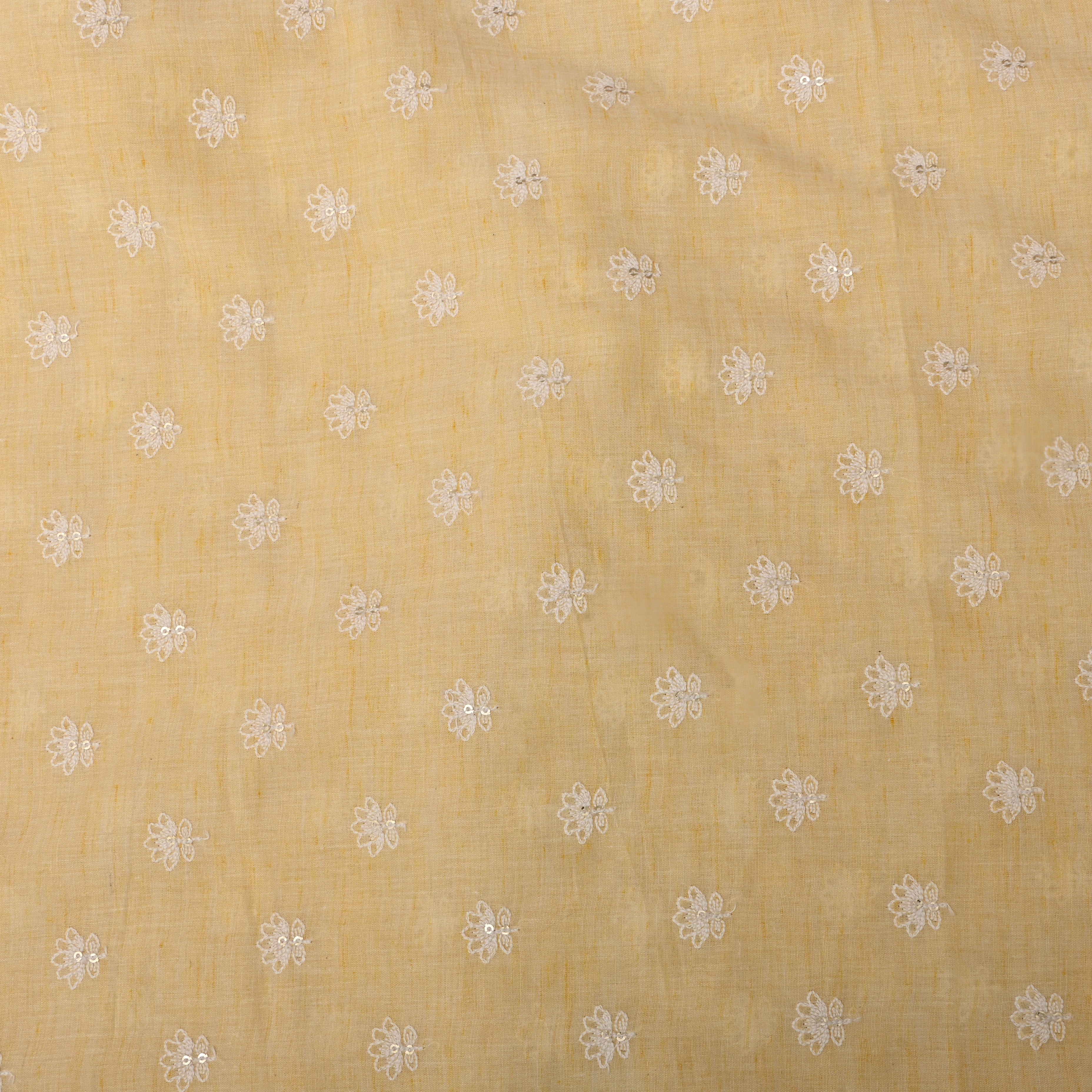 Pale Yellow Floral Thread Embroidered Cotton Fabric
