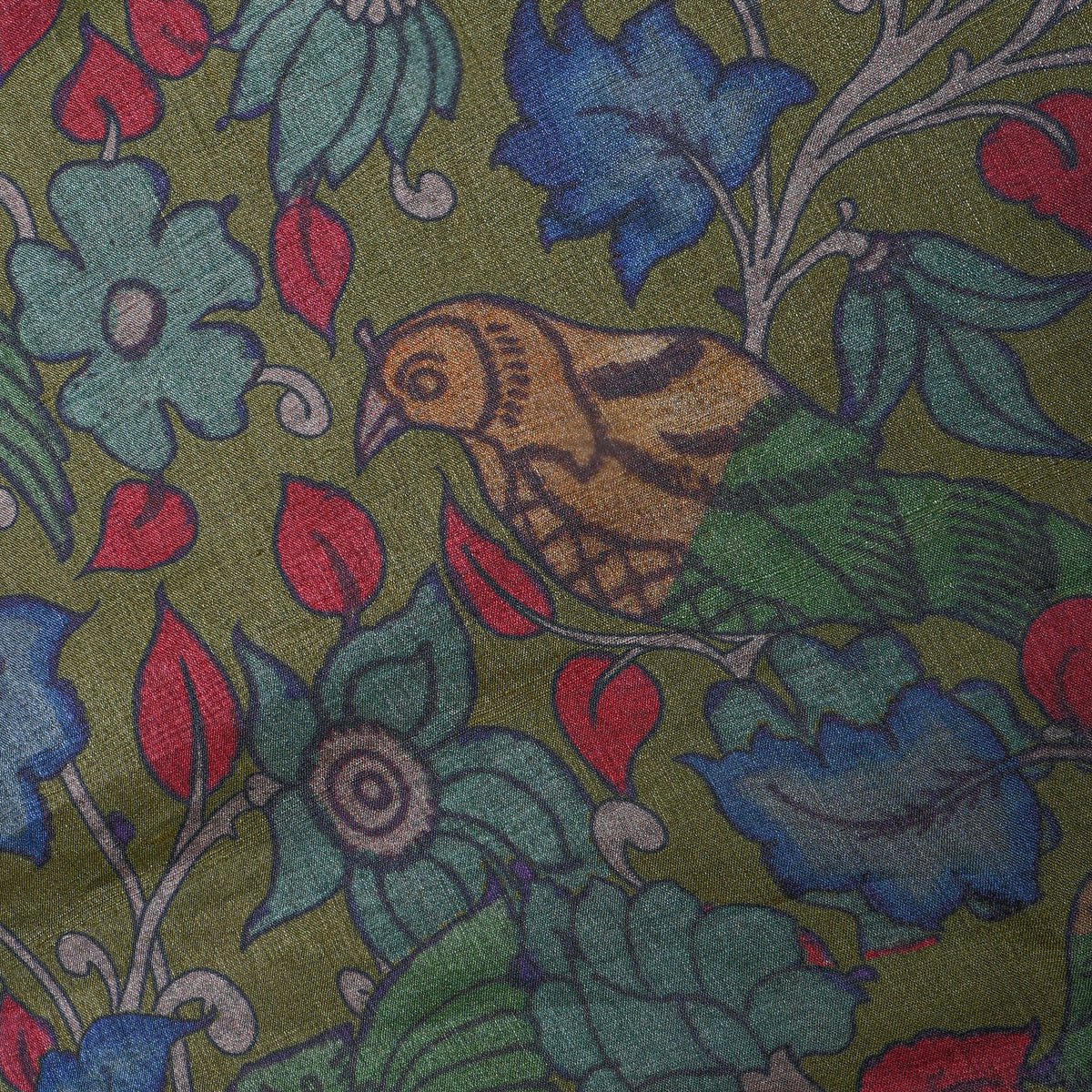 Avocado Green Kalamkari Bird And Floral Digital Print Raw Silk Fabric