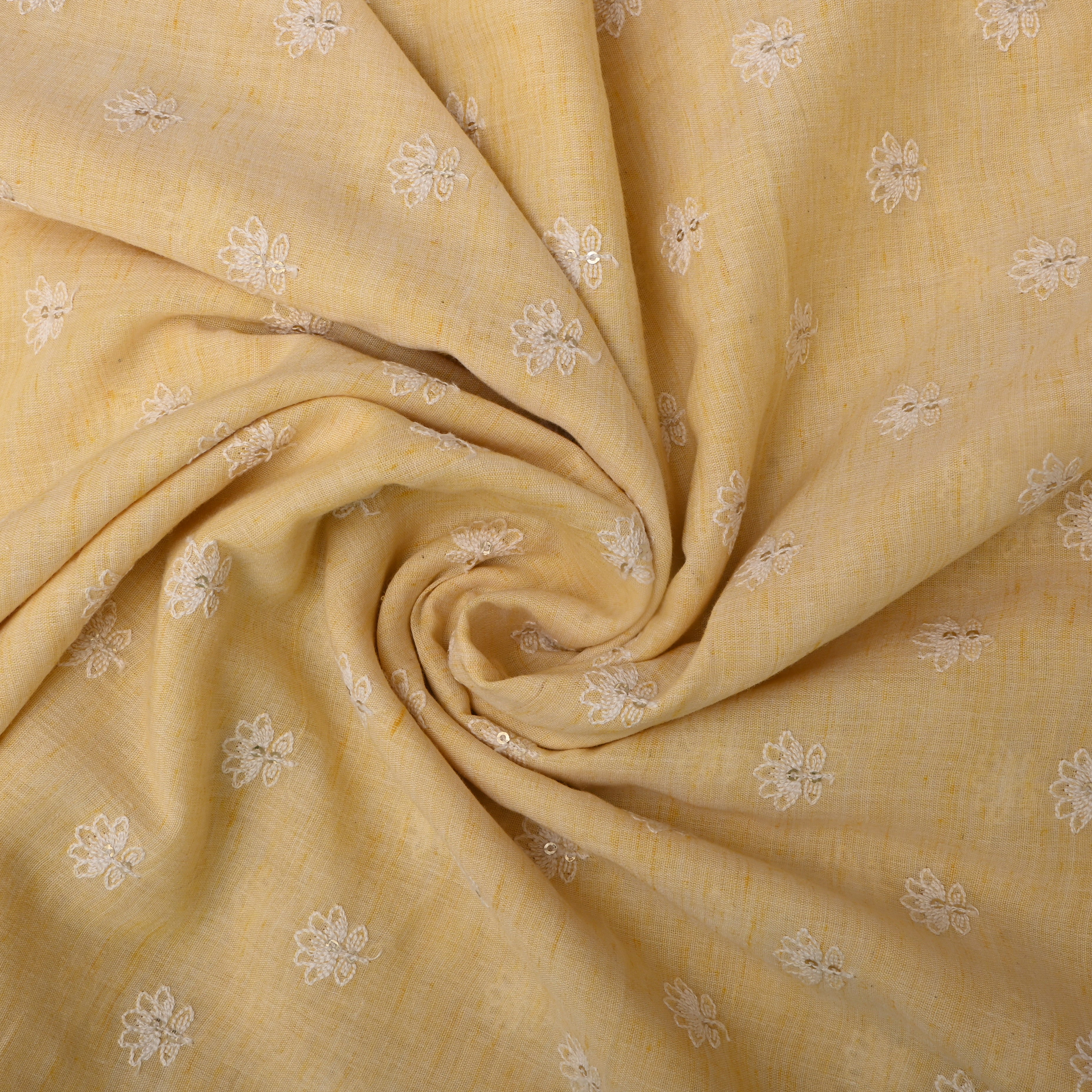 Pale Yellow Floral Thread Embroidered Cotton Fabric