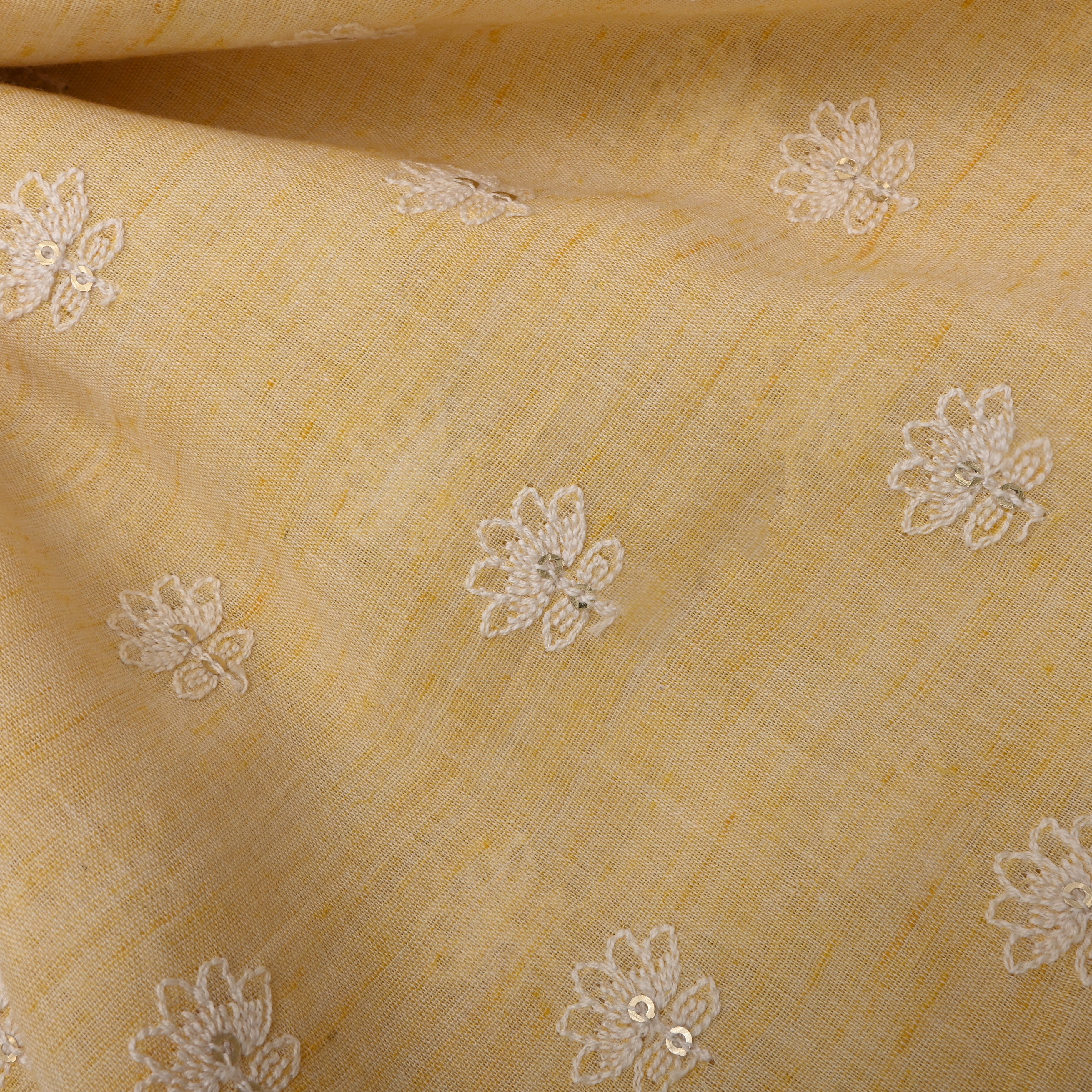 Pale Yellow Floral Thread Embroidered Cotton Fabric