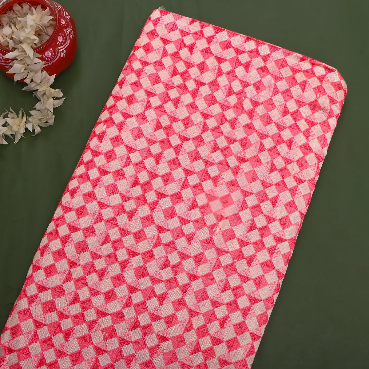 Rouge Pink Diamond Geometric Print Raw Silk Fabric