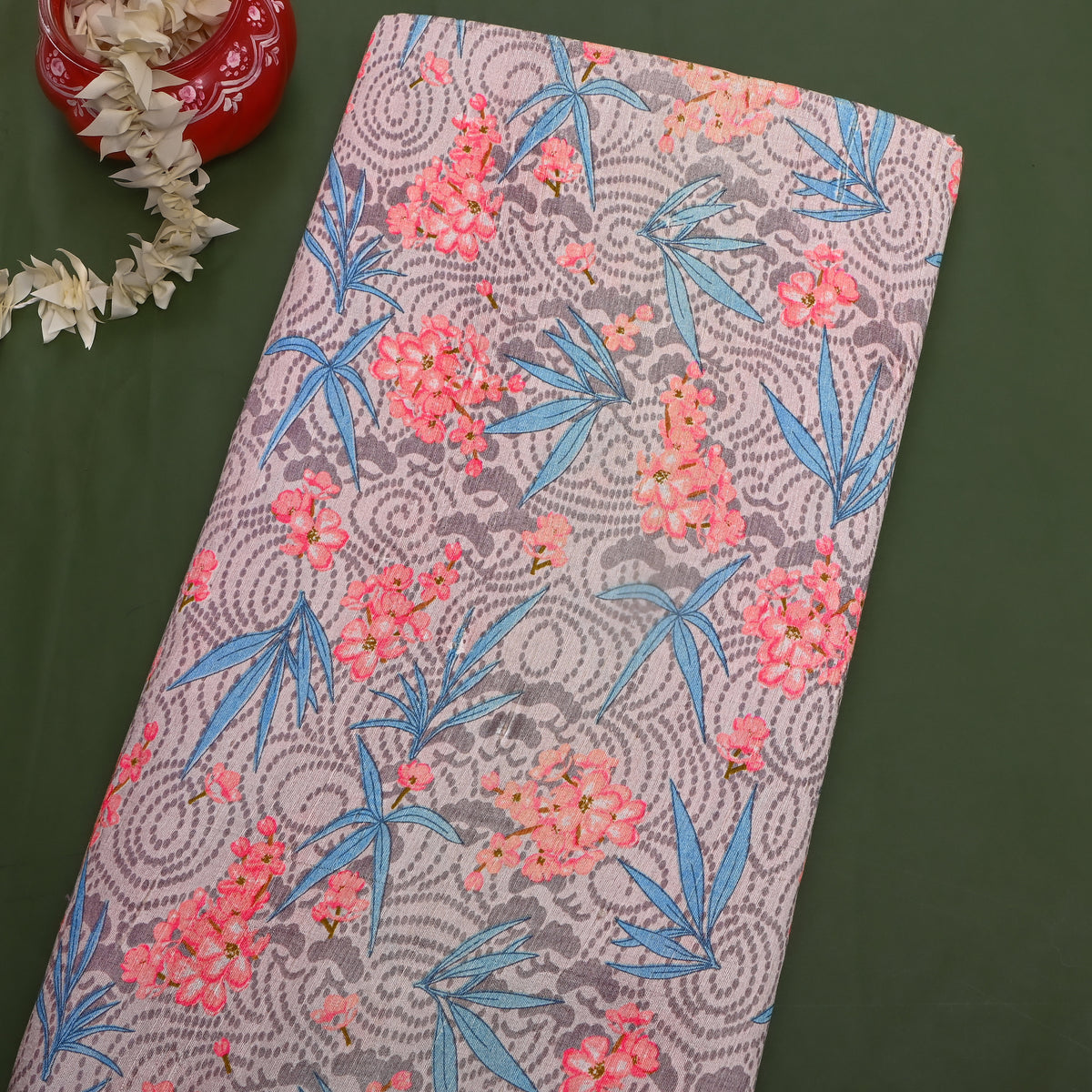 Dove Gray Floral Print Linen Fabric
