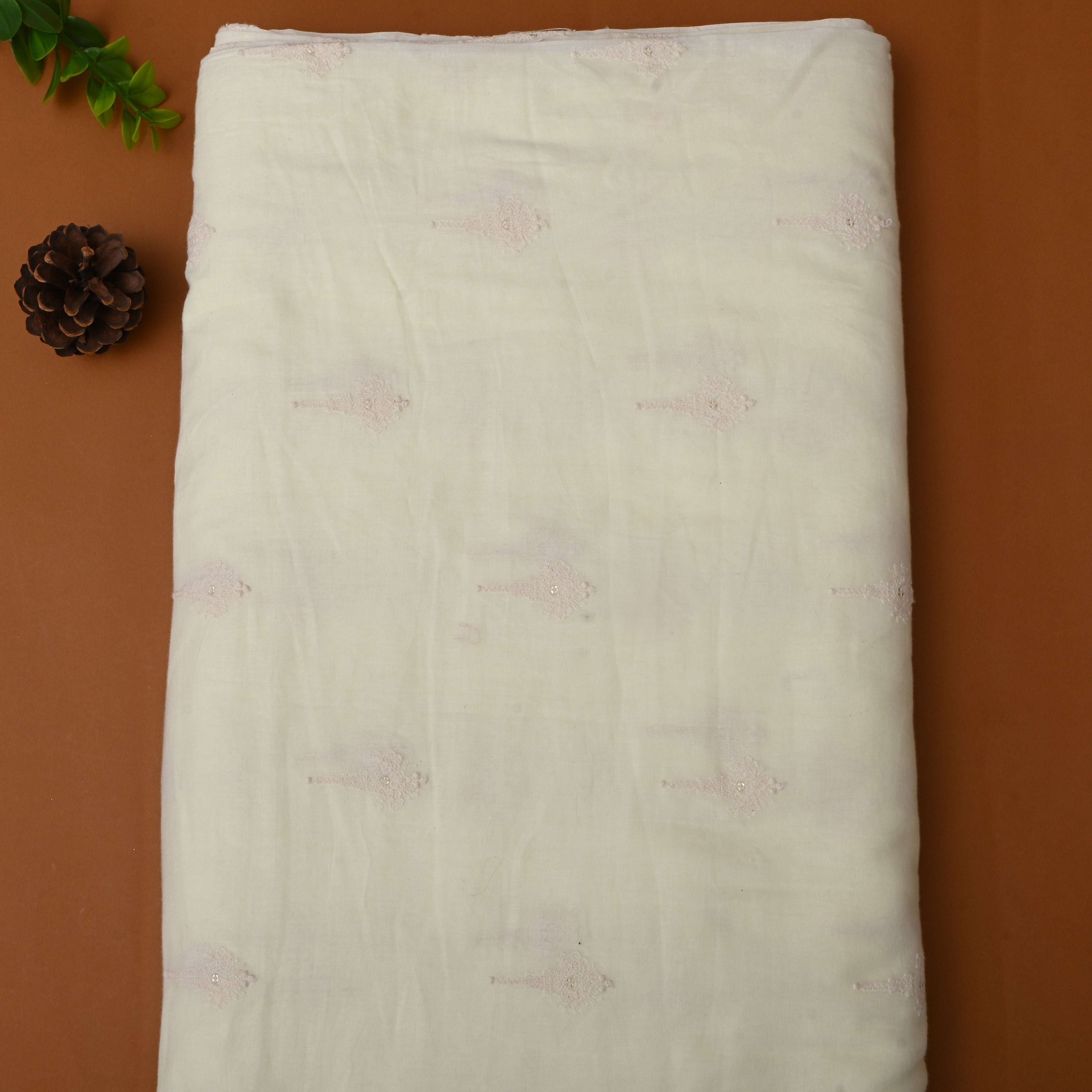 White Floral Thread Embroidered Cotton Fabric