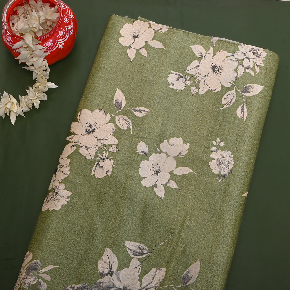 Fern Cream Floral Digital Print Tussar Fabric