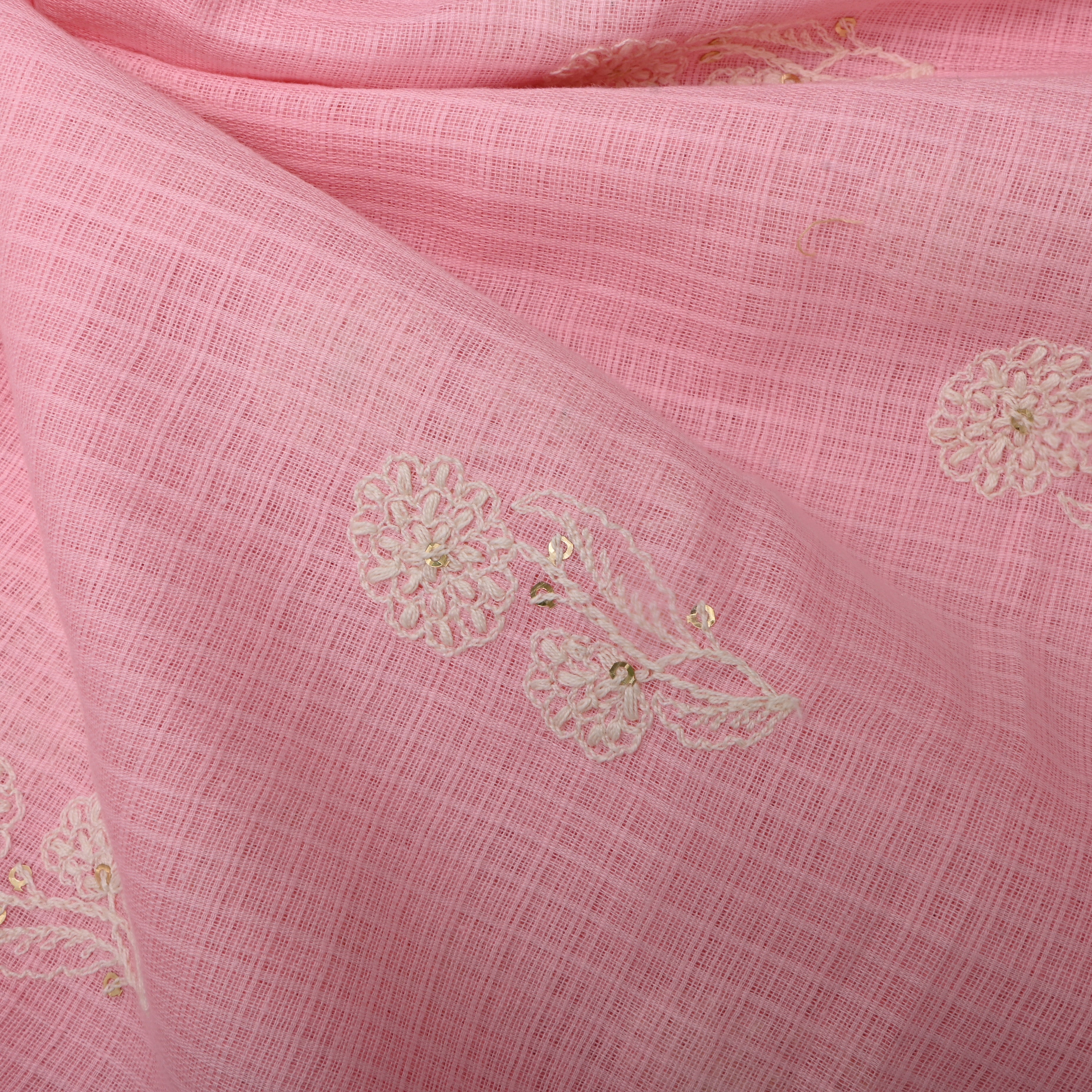 Soft Pink Floral Thread Embroidered Kota Fabric