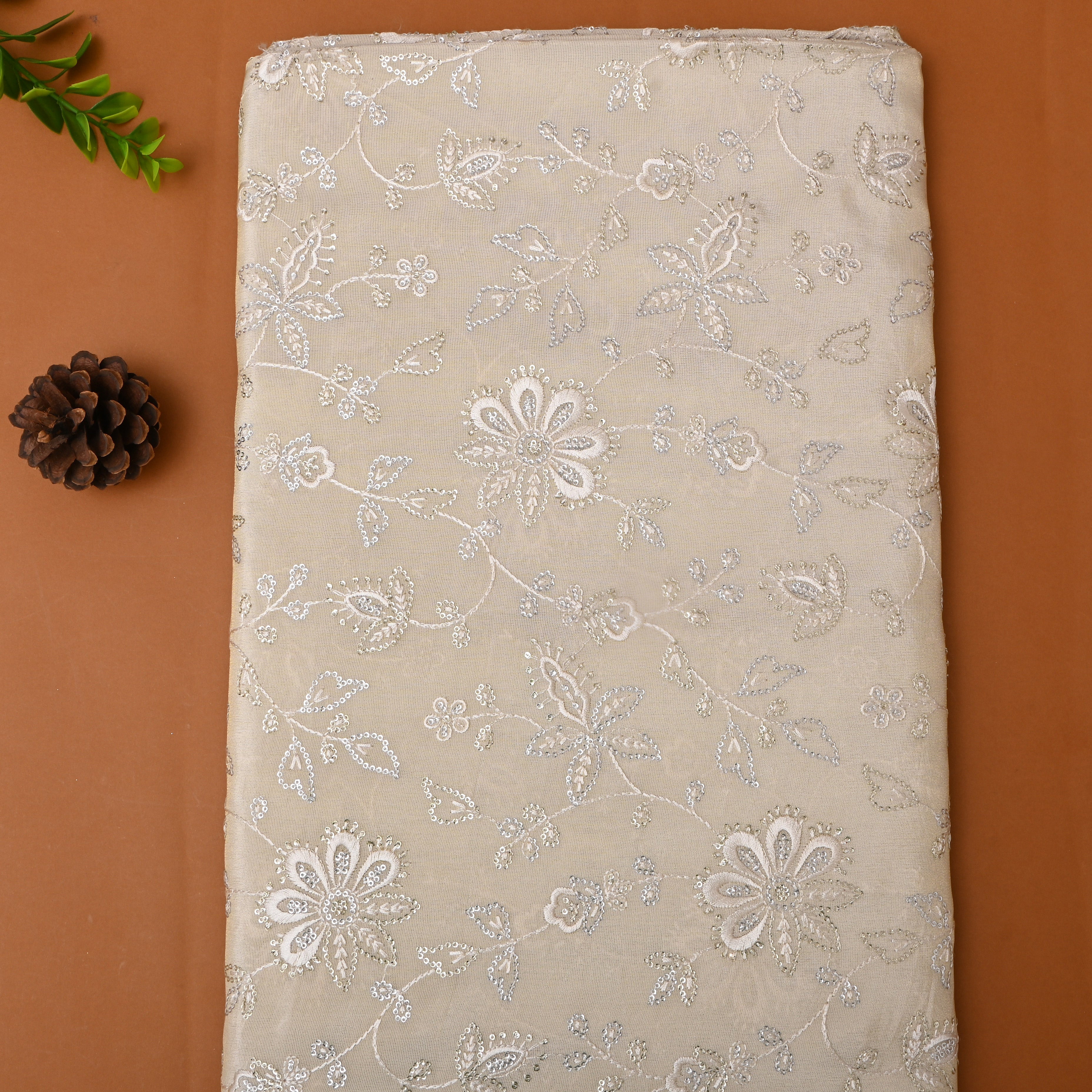 Pastel Beige Floral Embroidered Tissue Fabric