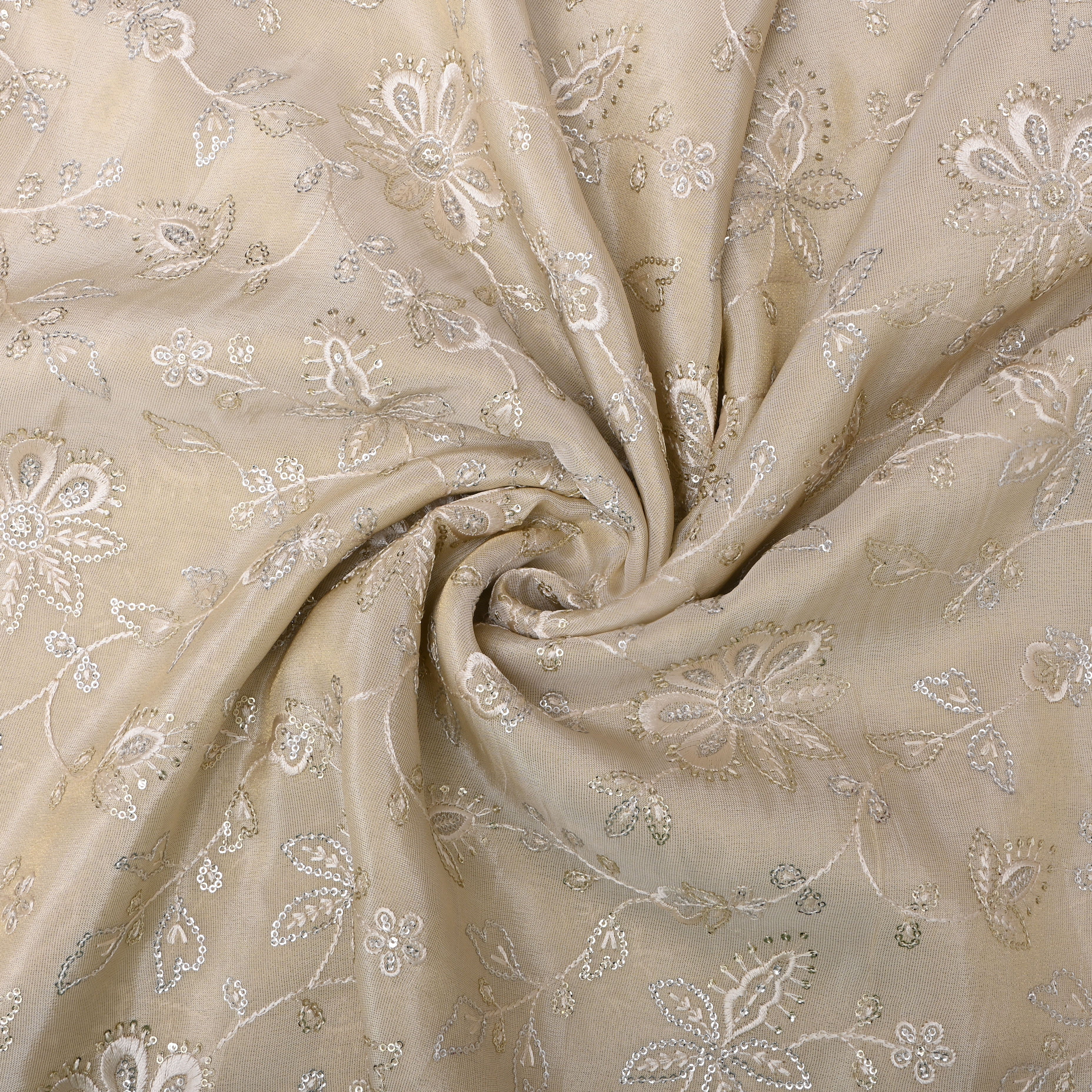 Pastel Beige Floral Embroidered Tissue Fabric