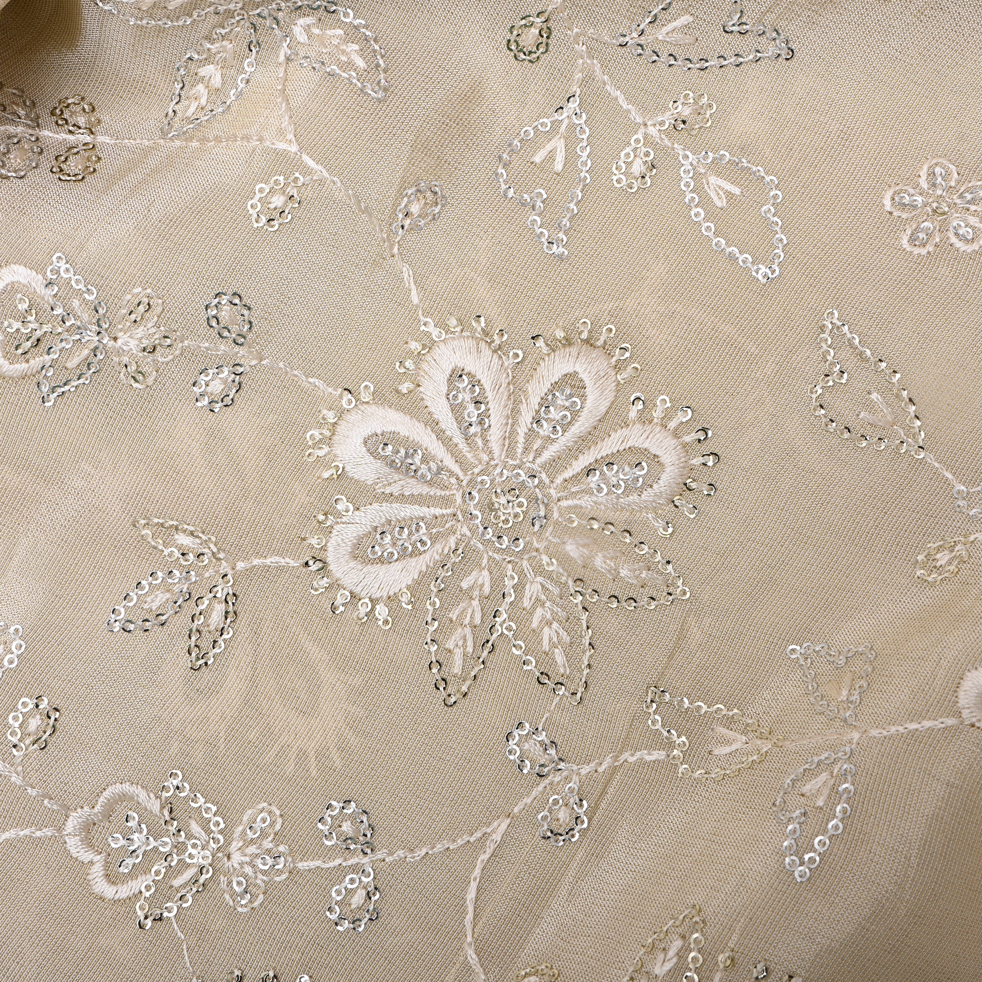 Pastel Beige Floral Embroidered Tissue Fabric