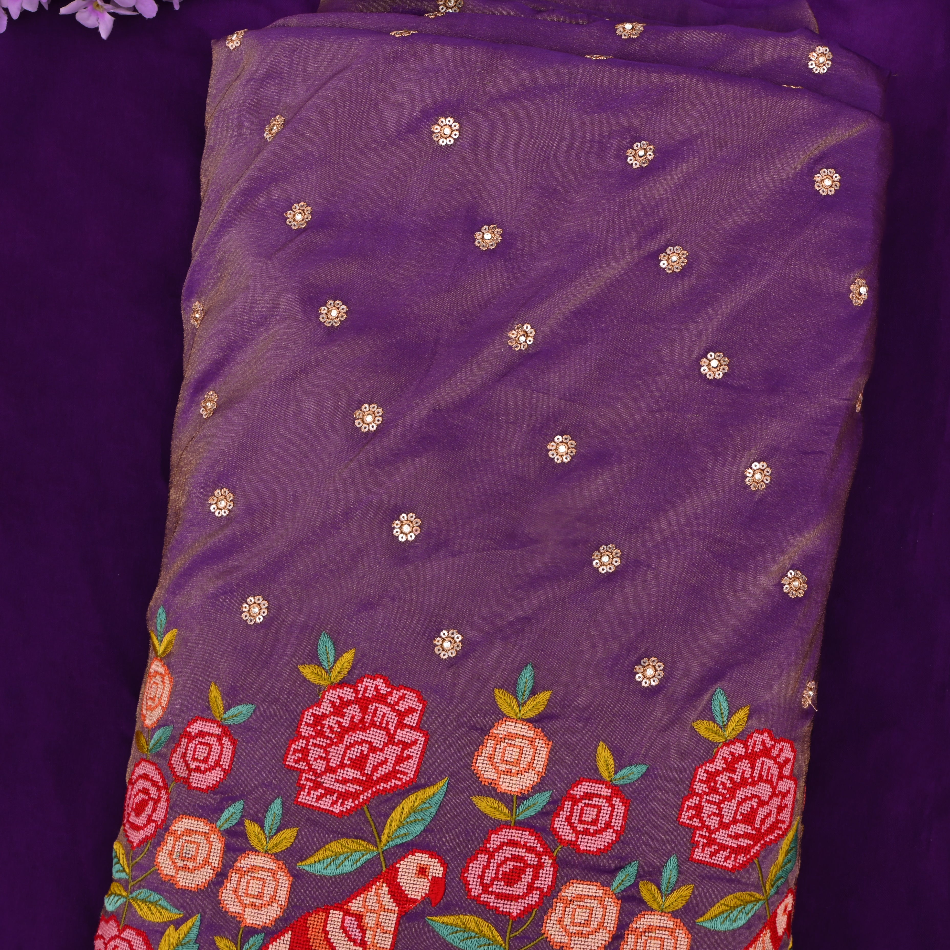 Purple Tissue Fabric With Petit Point Embroidery