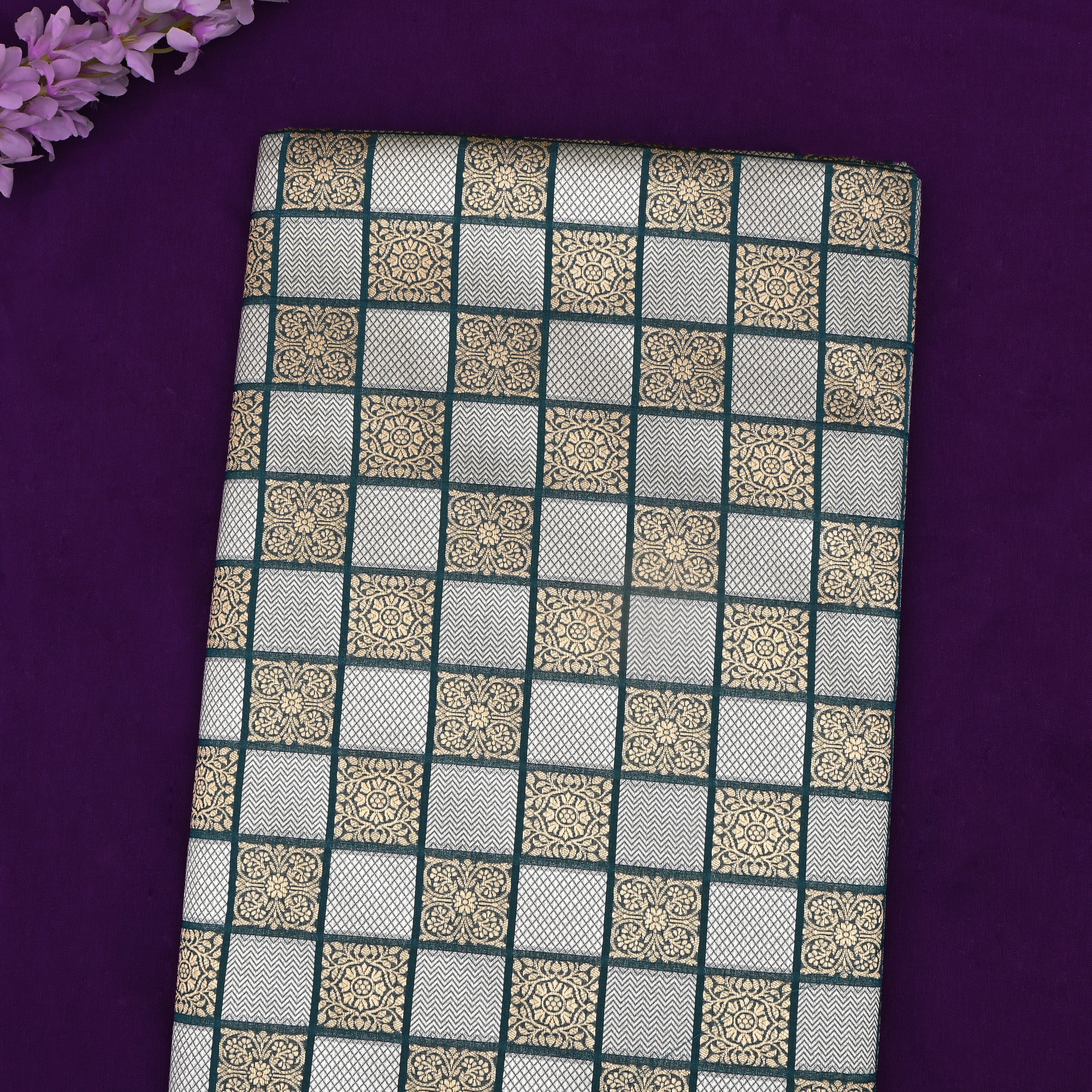 St Patrick'S Blue Banarasi Fabric With Checked Pattern