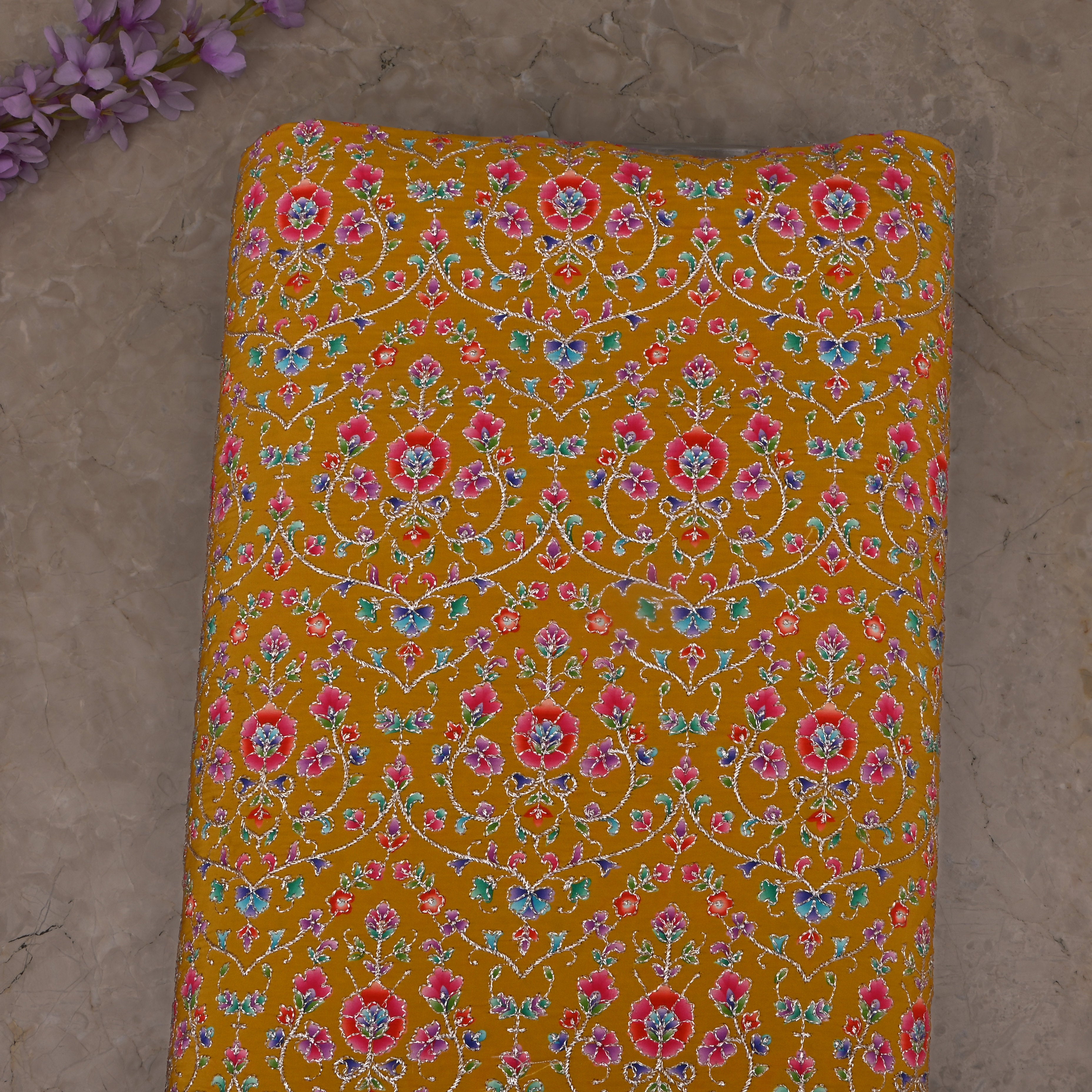 Gamboge Yellow Organza Fabric With Embroidery