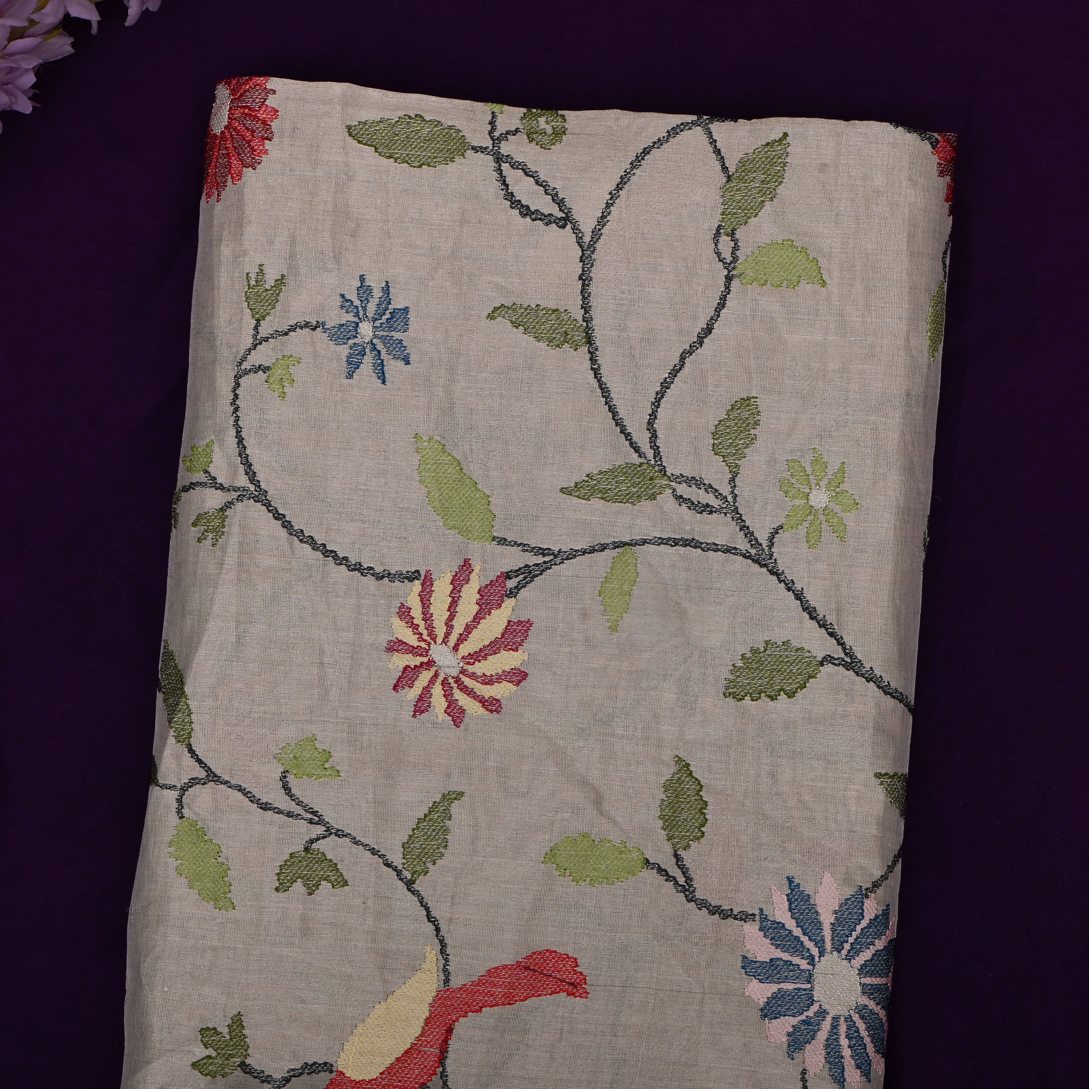 Dark Gray Tissue Fabric With Embroidery