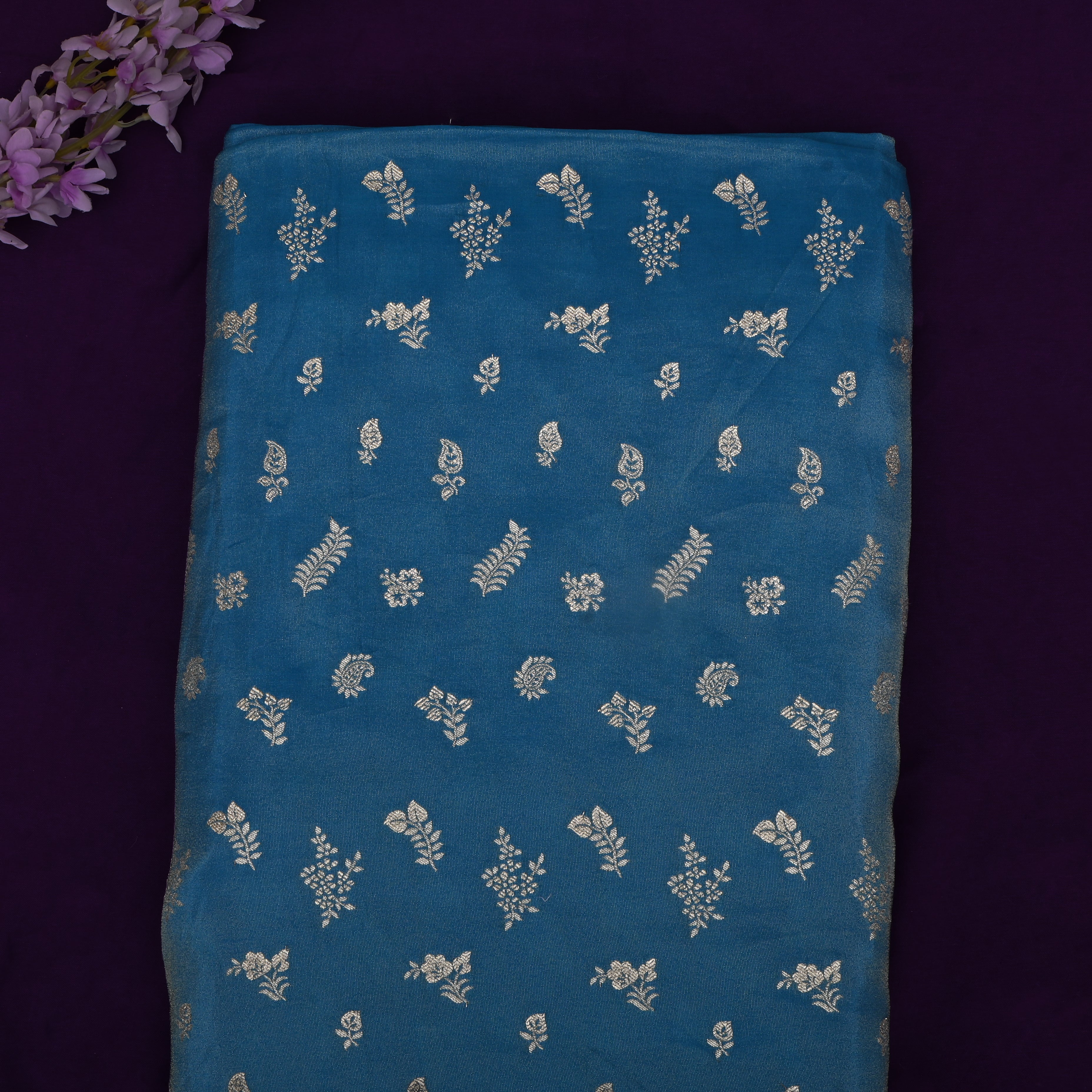 Tufts Blue Jamawar Tissue Fabric With Designer Border