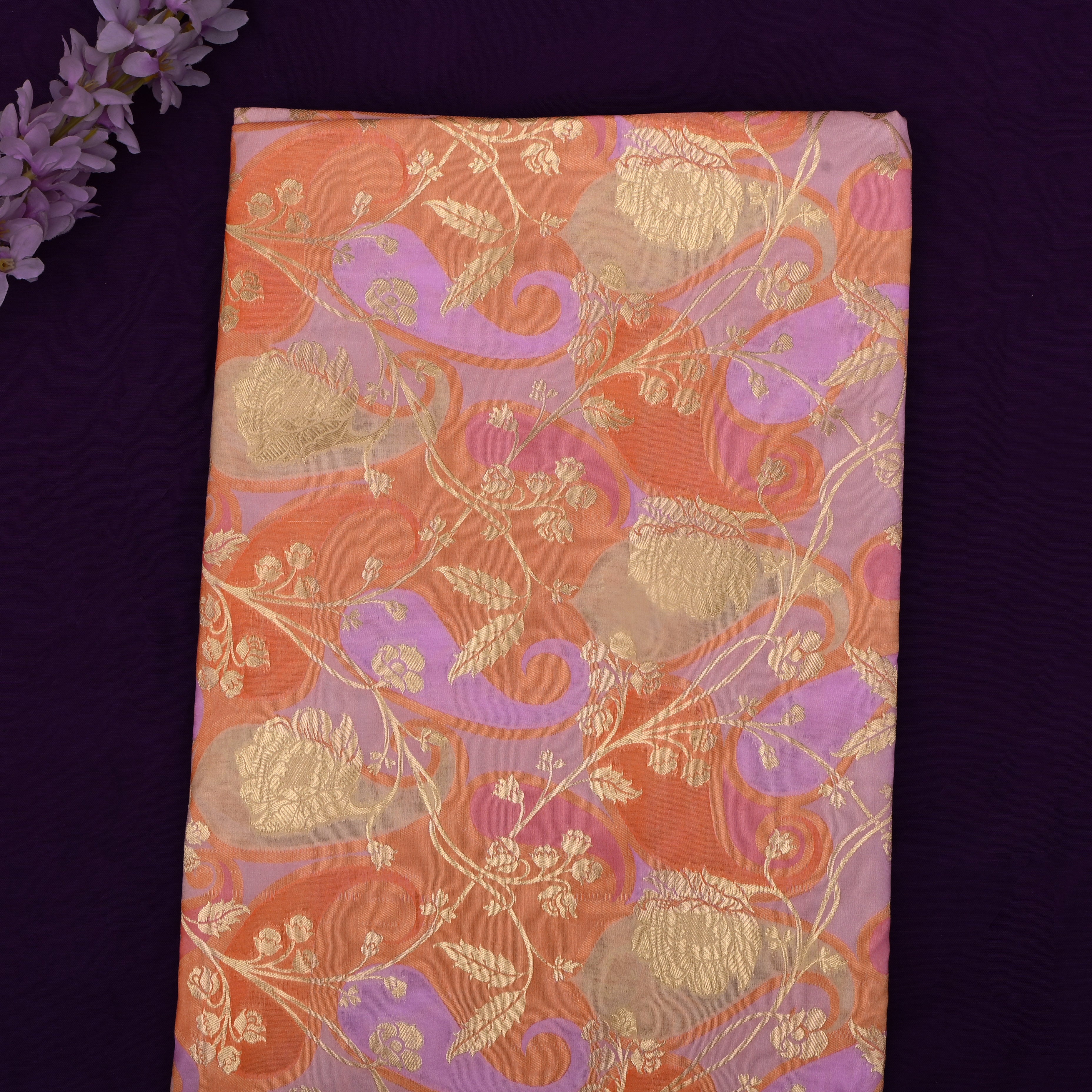 Peach Orange Banarasi Fabric With Golden Jaal