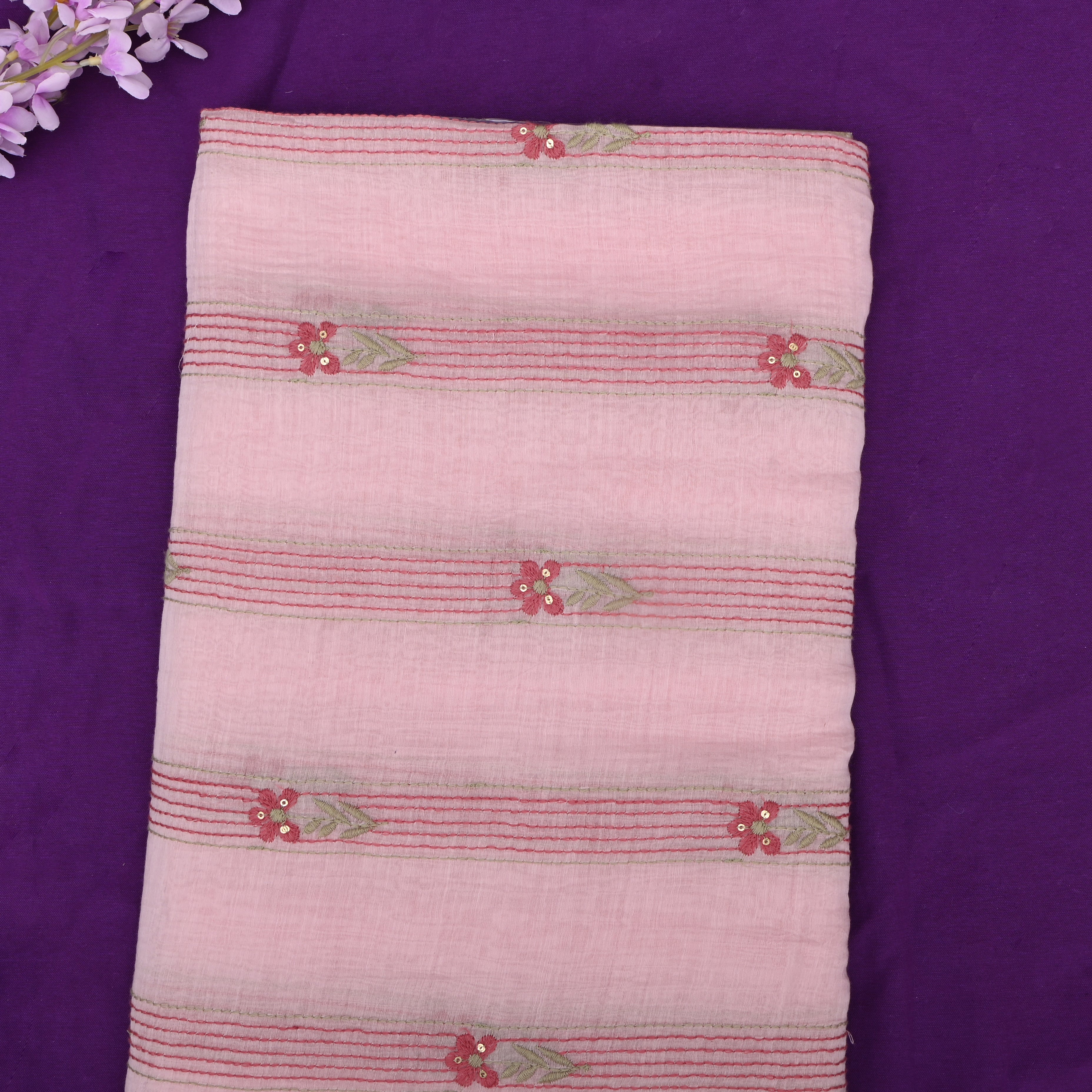 Baby Pink Chanderi Fabric With Thread Embroidery