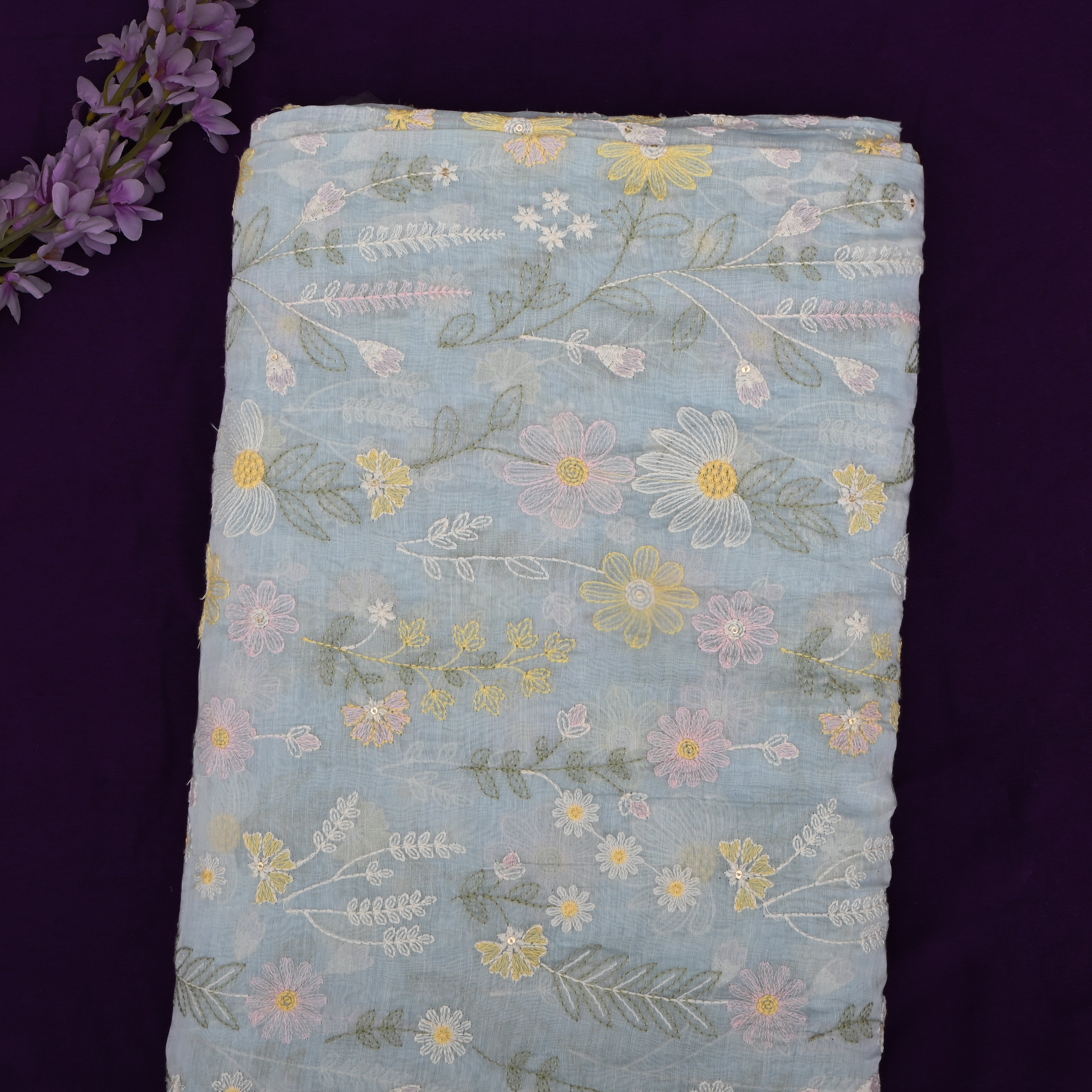 Pastel Blue Chanderi Fabric With Thread Embroidery