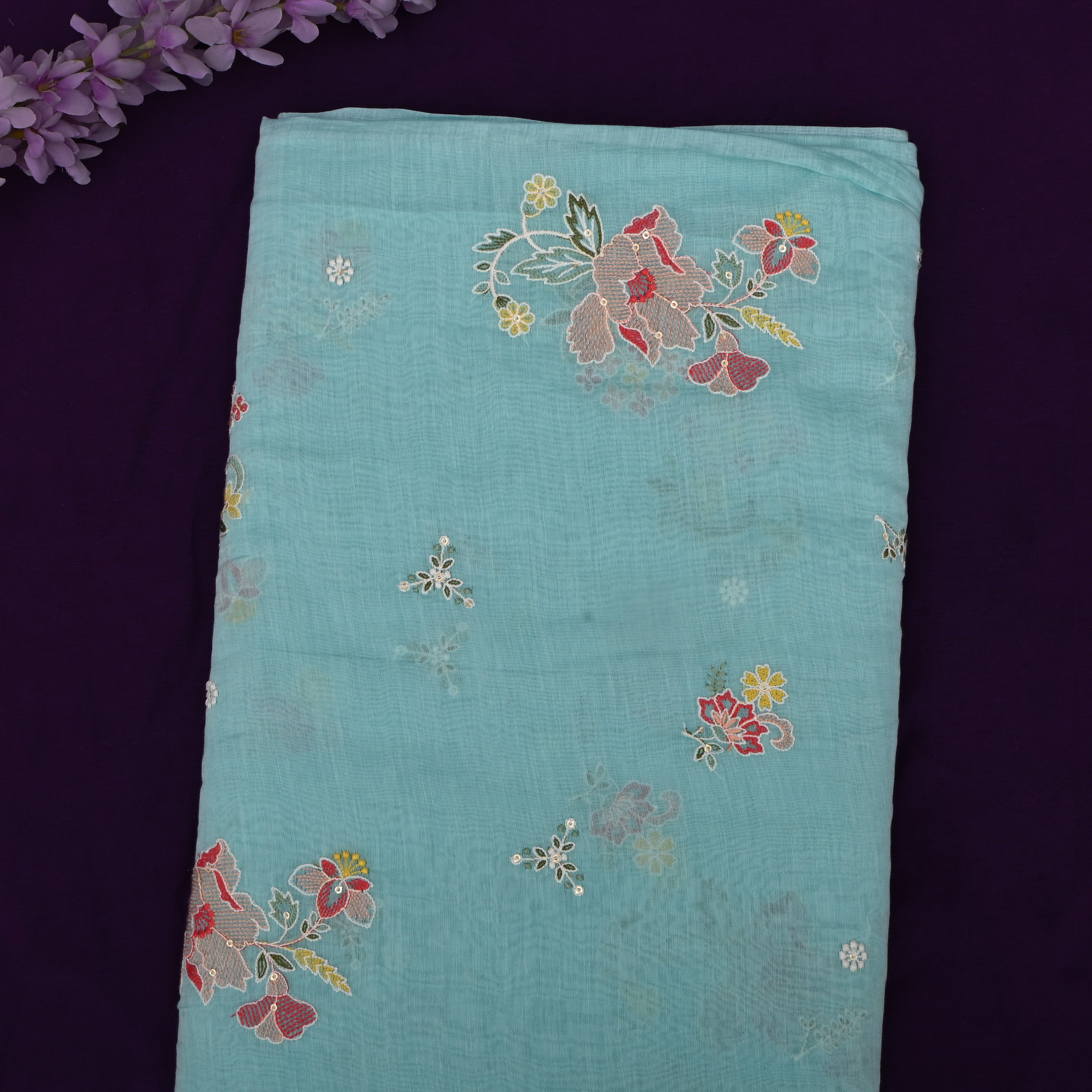 Light Blue Mul Chanderi Fabric With Thread Embroidery