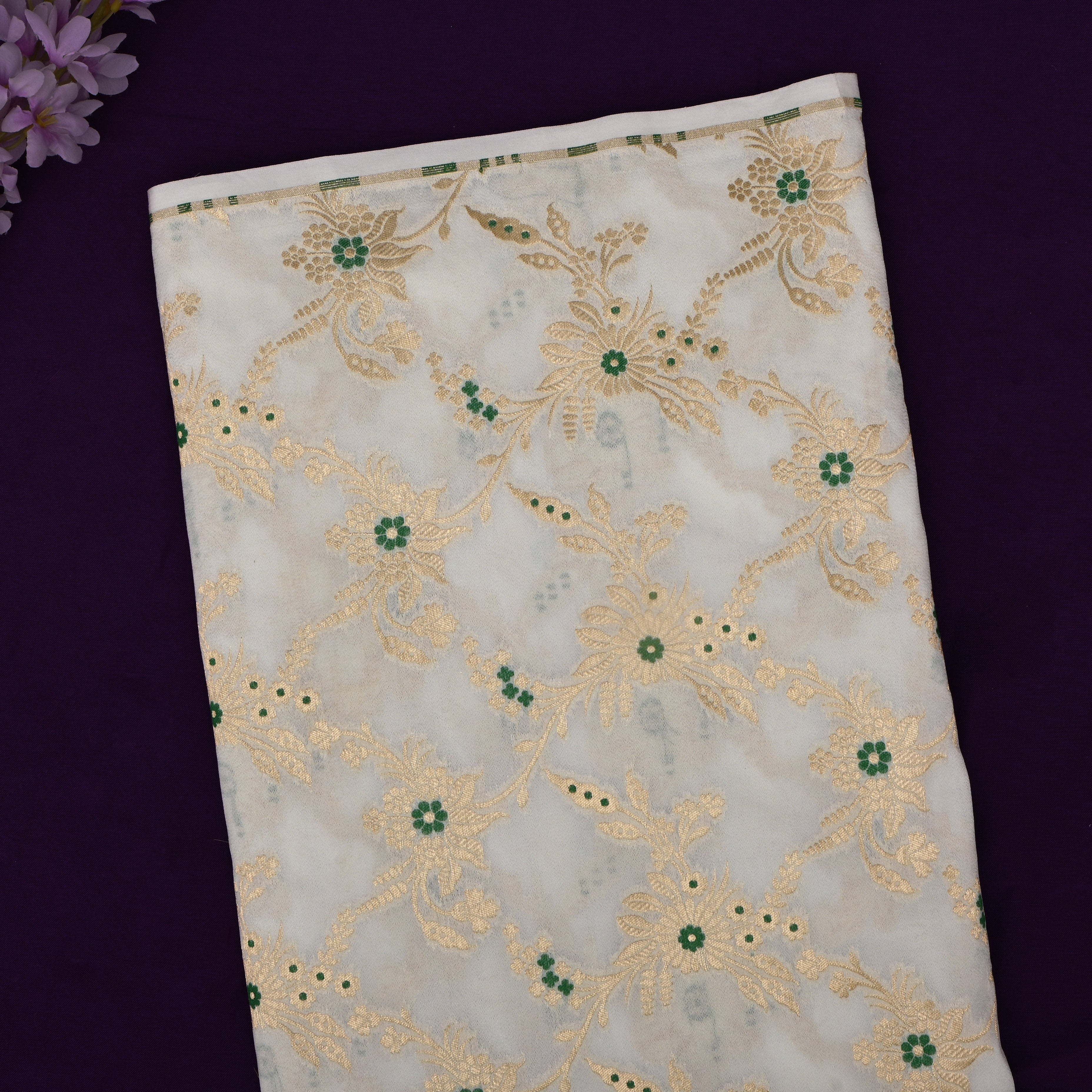 Off-White Banarasi Fabric With Golden Jaal