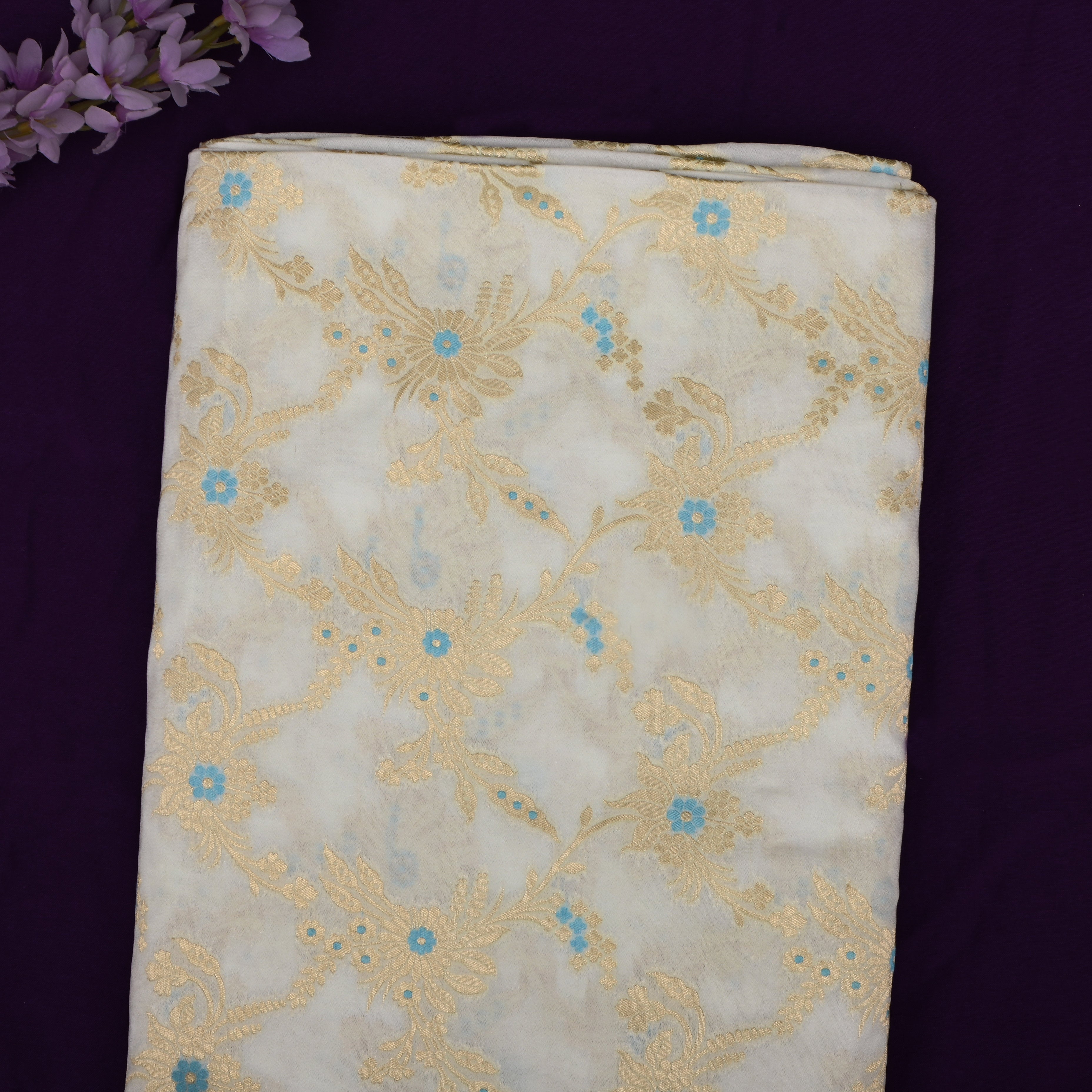 Bright Cream Banarasi Fabric With Golden Jaal