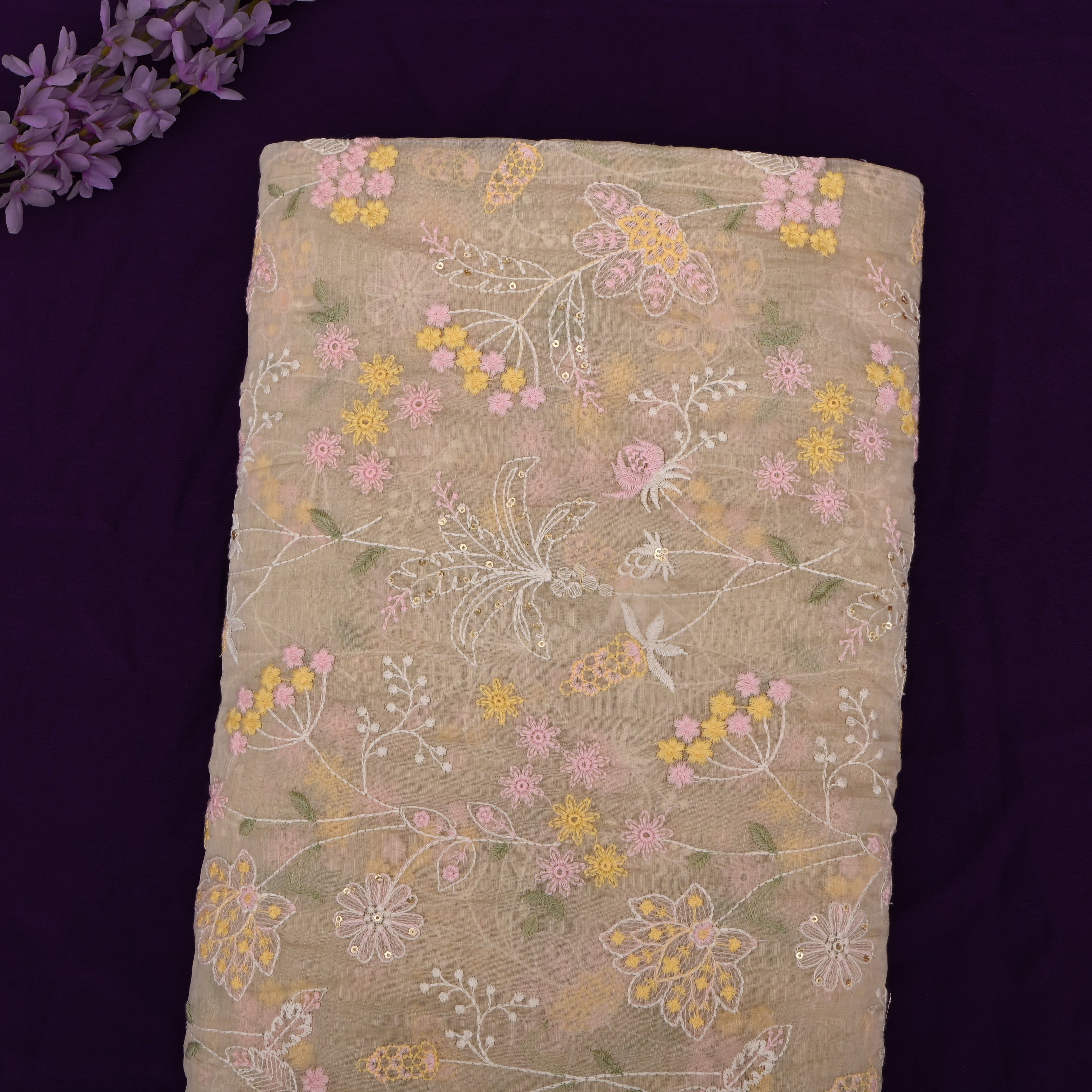 Gin Green Mul Chanderi Fabric With Embroidery