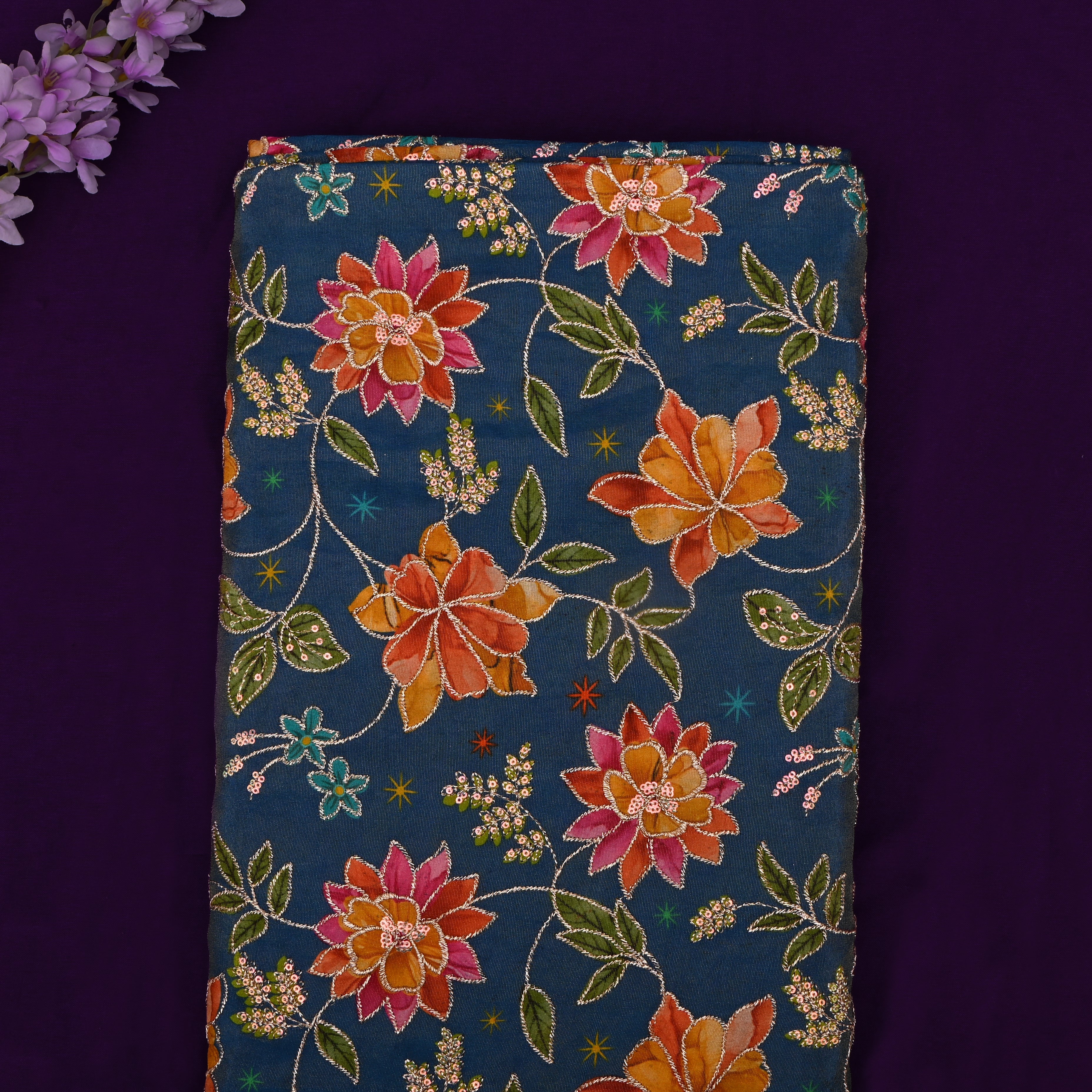 Lapis Blue Printed Floral Tissue Fabric With Embroidery