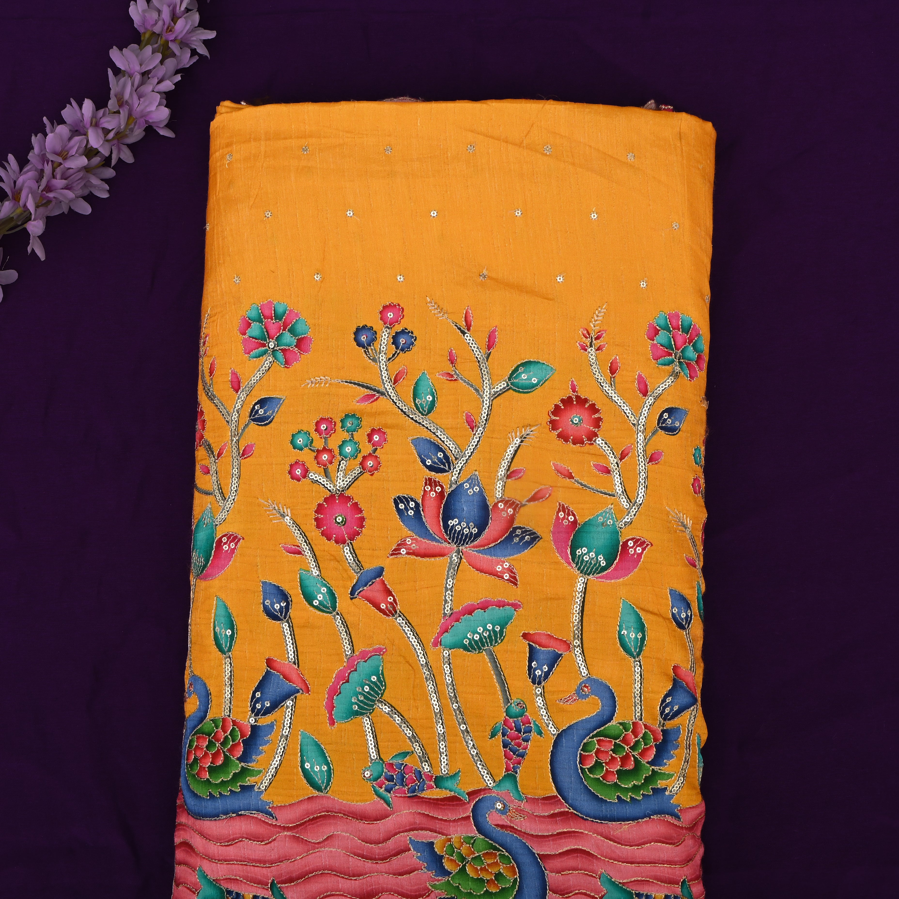 Yellow Silk Fabric With Sequins Work