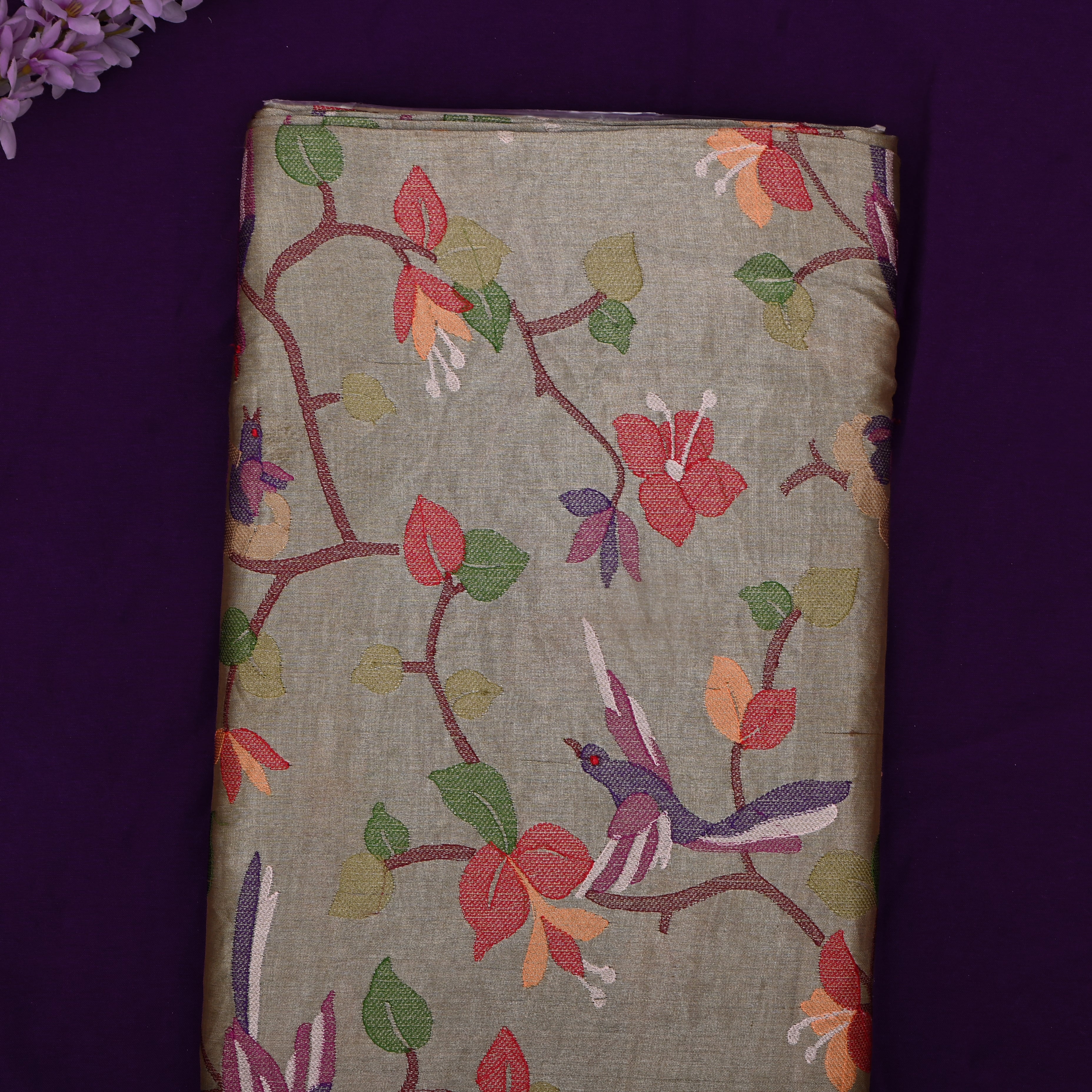 Silver Tissue Fabric With Avian Embroidery