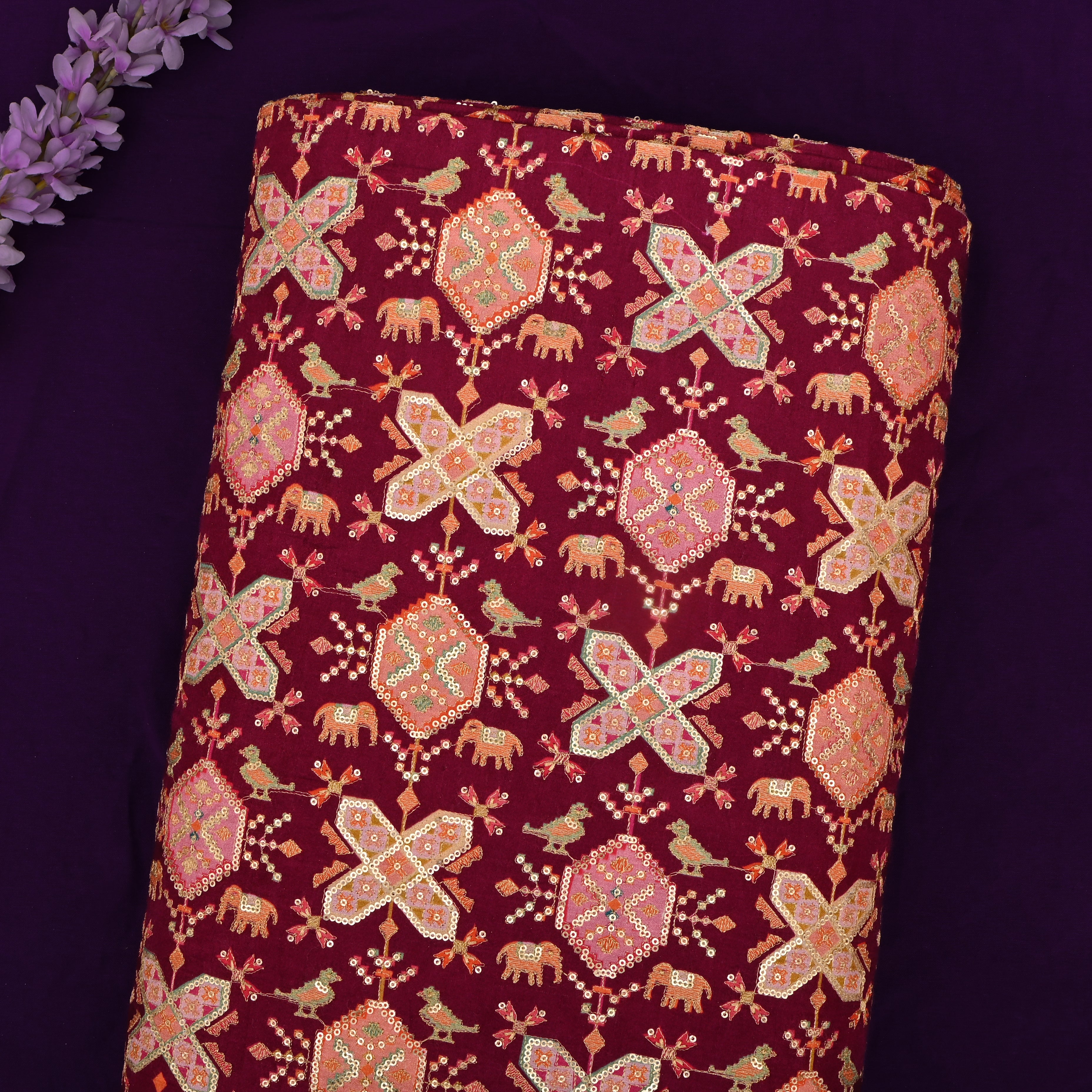 Purple Silk Fabric With Printed Embroidery