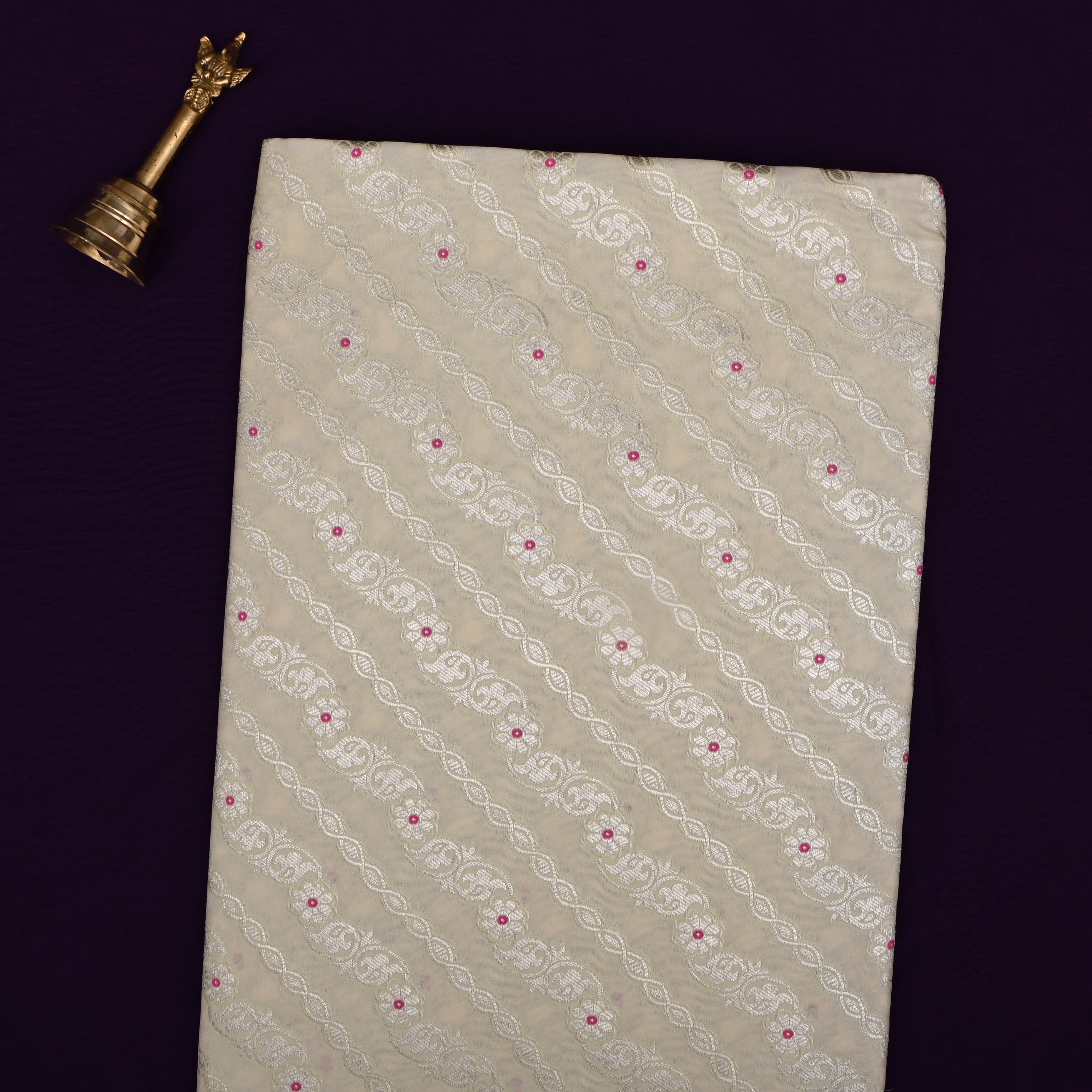 Pale Beige Jamawar Silk Fabric With Leheriya Pattern