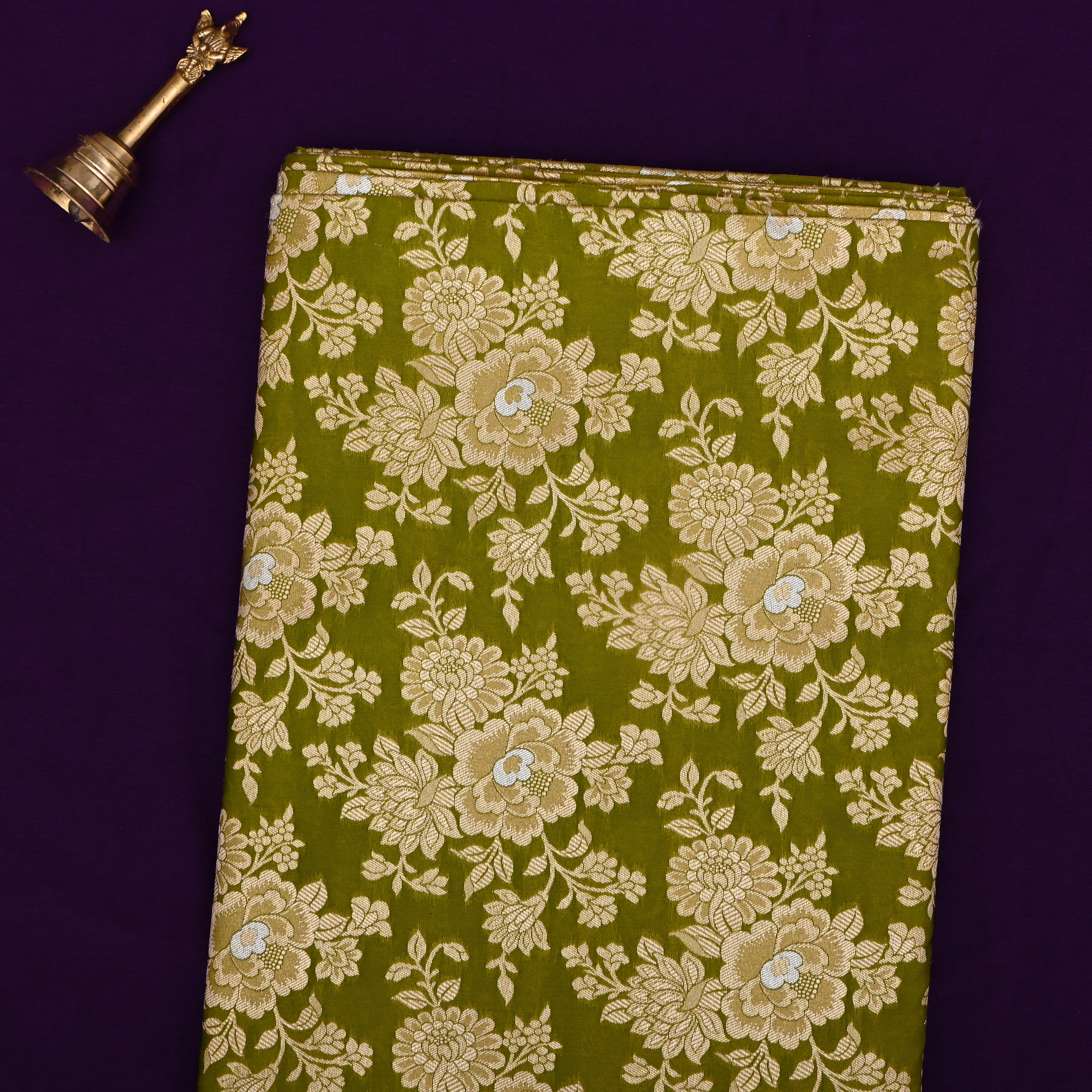 Mahendi Green Jamawar Silk Fabric With Floral Weave