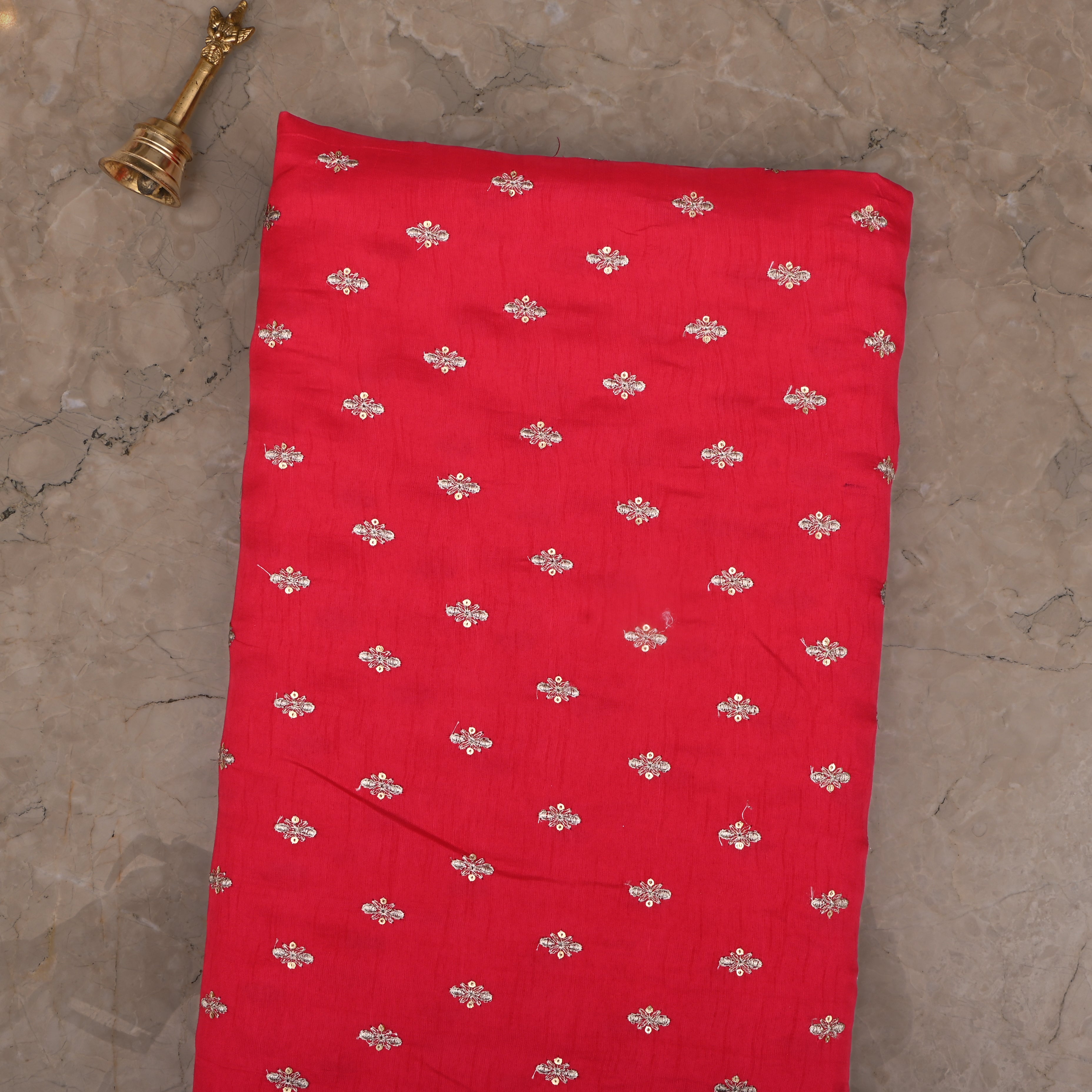 Fire Engine Red Silk Fabric With Sequins Butti'S