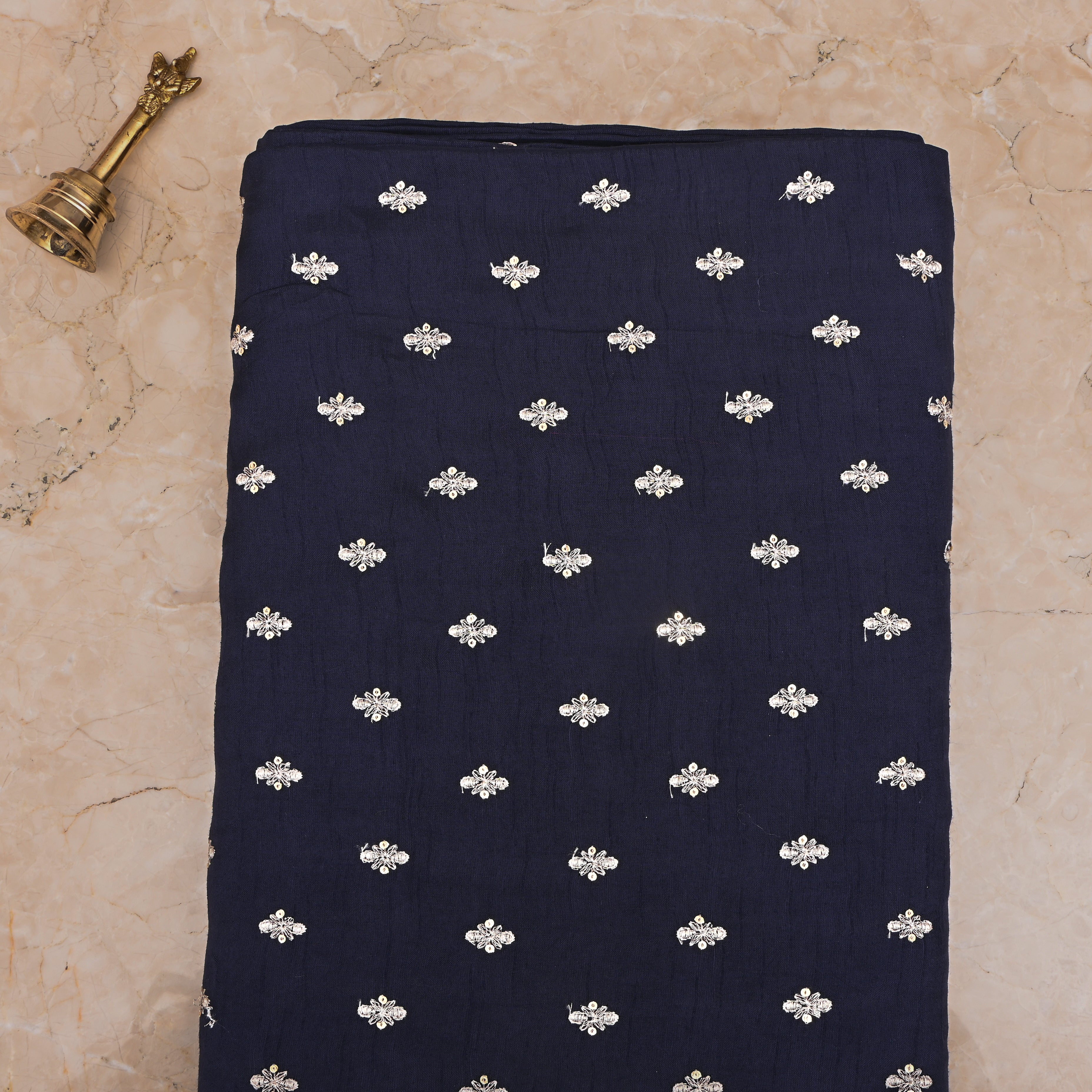 Dark Navy Blue Silk Fabric With Sequins Butti'S