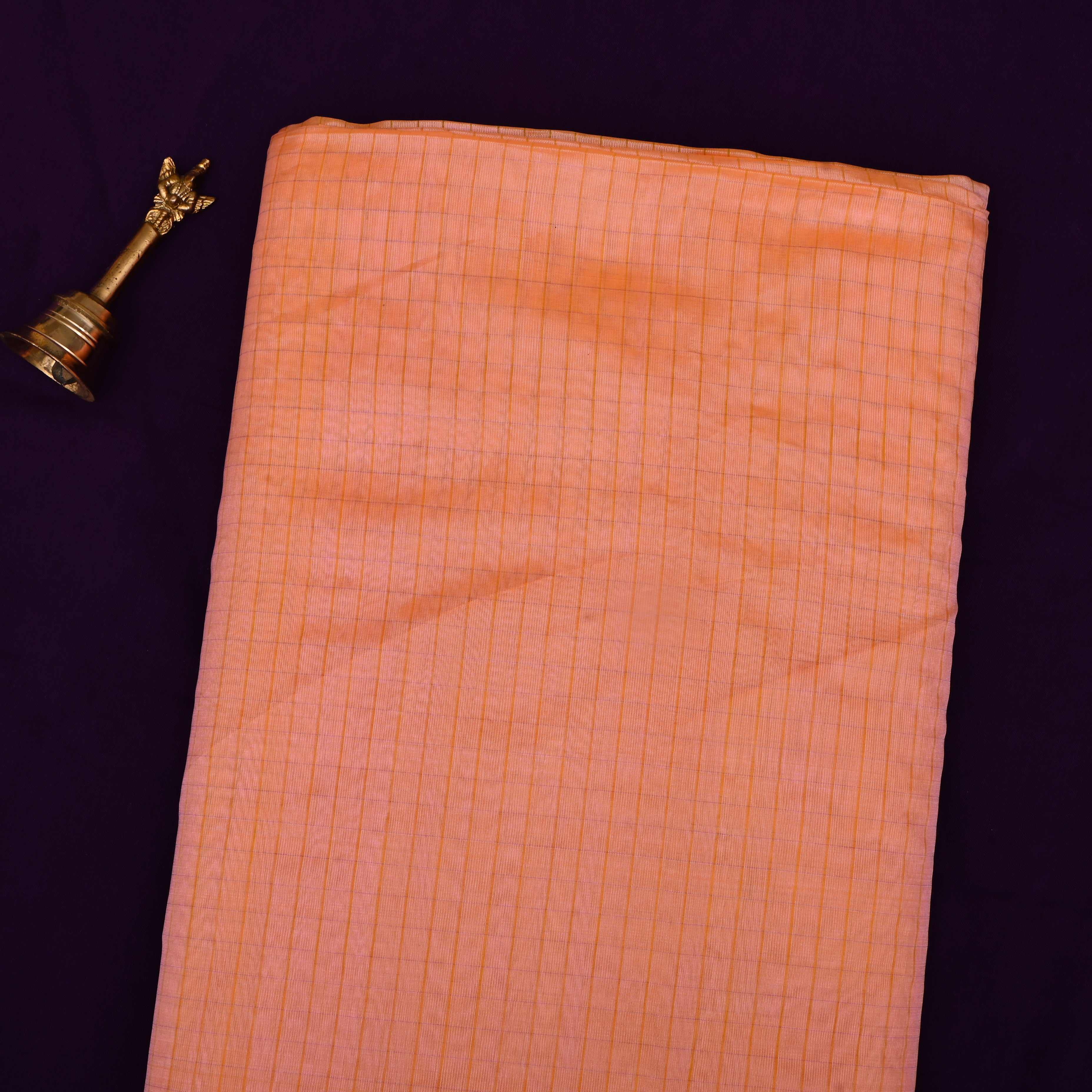 Light Salmon Jamawar Silk Fabric With Checks Pattern