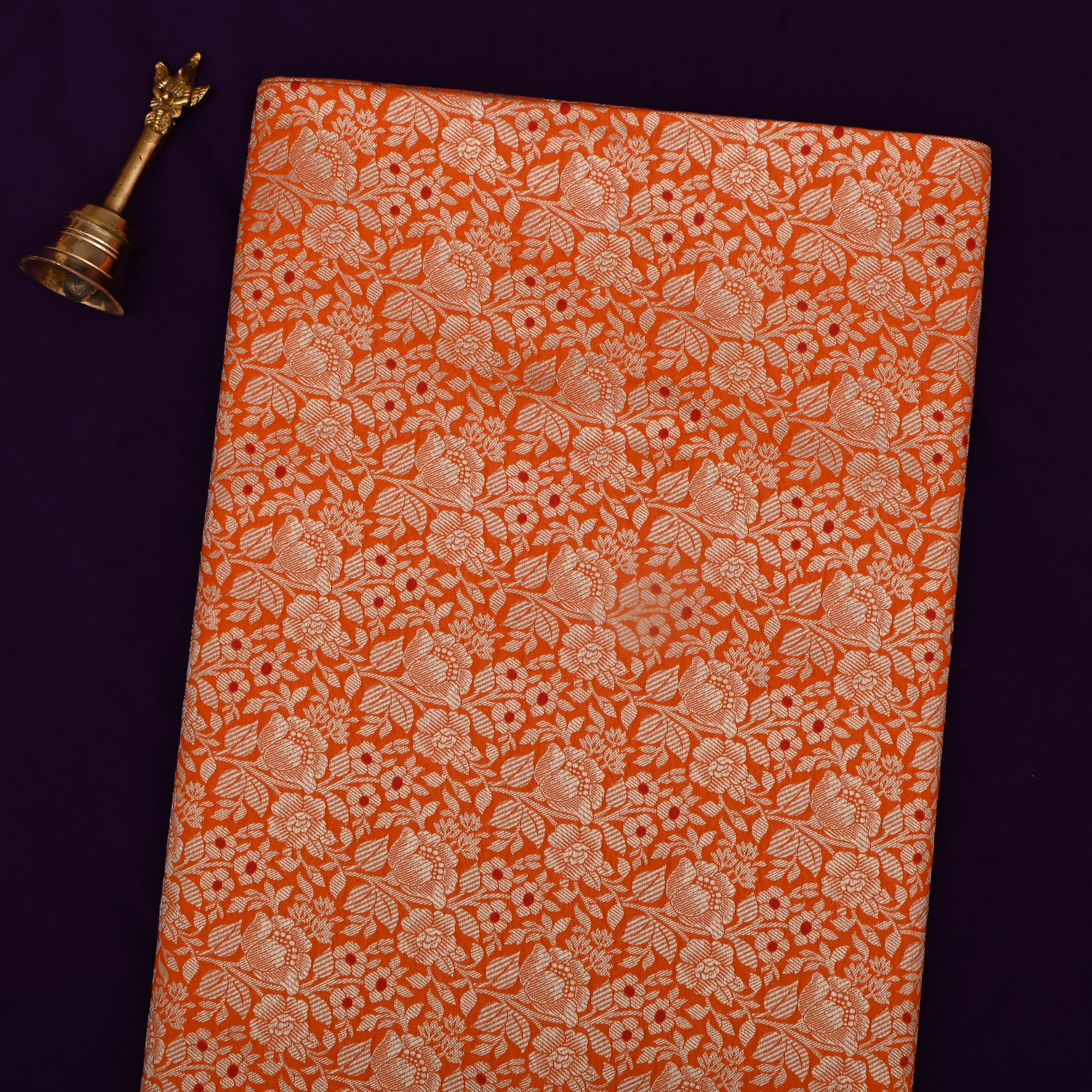 Orange Jamawar Silk Fabric With Floral Weave