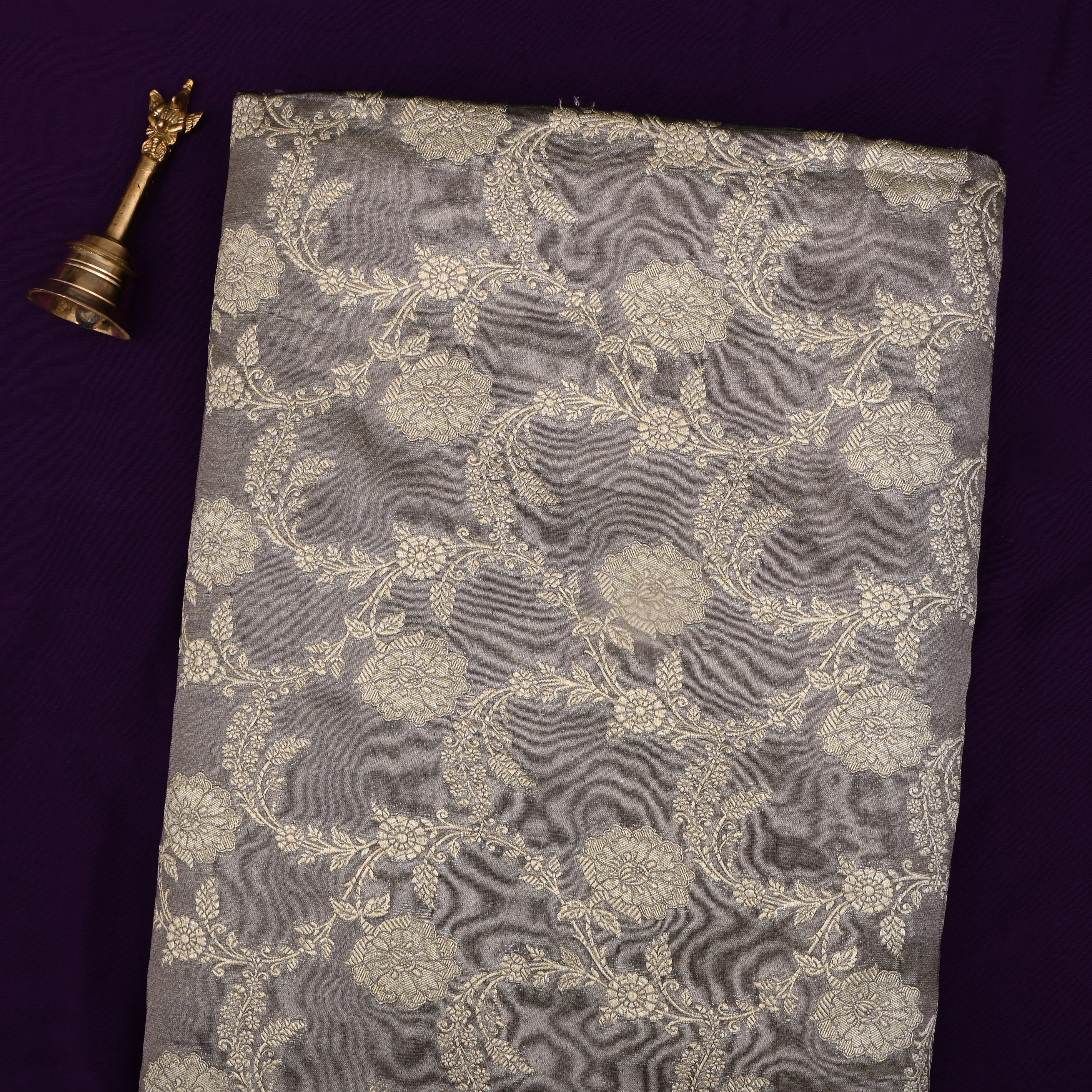 Grey Jamawar Tissue Fabric With Floral Jaal