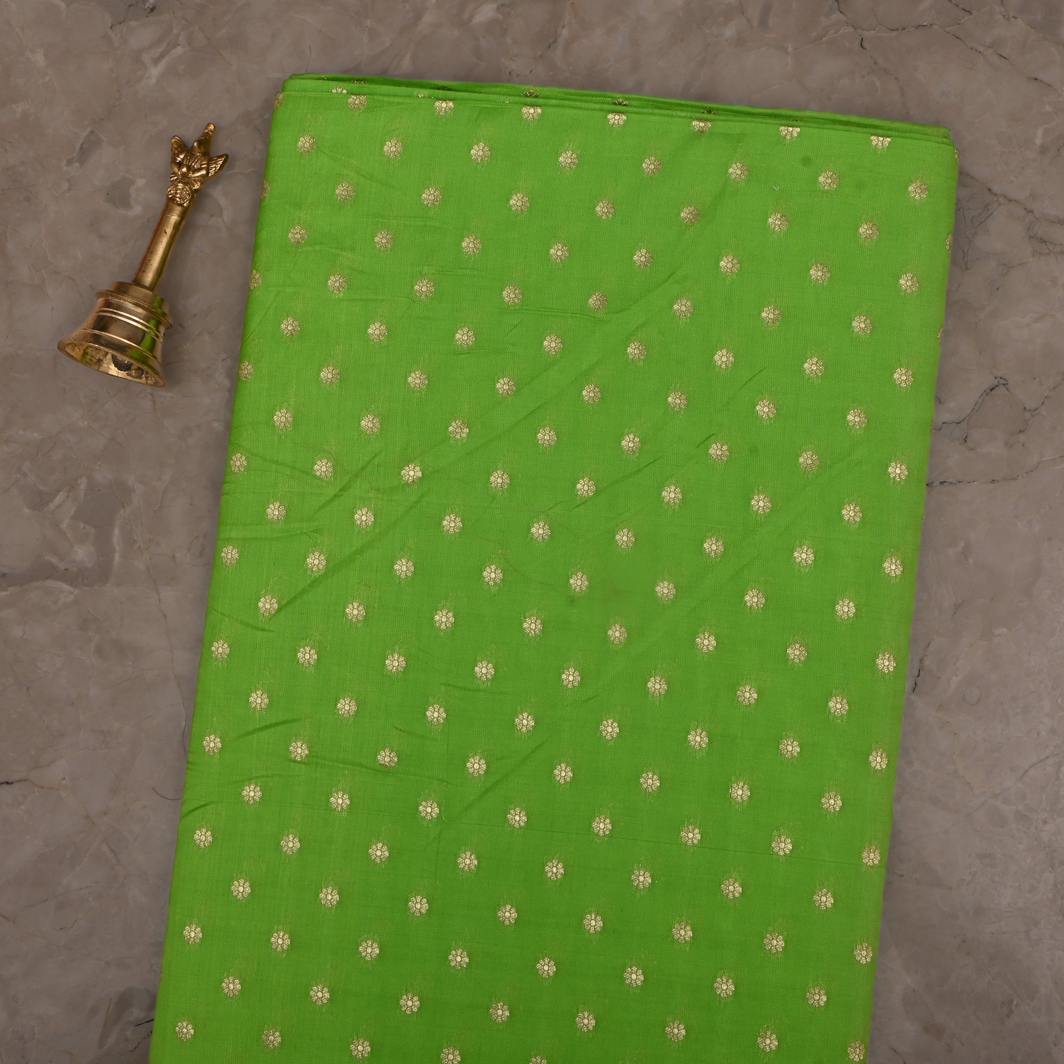 Parrot Green Jamawar Silk Fabric With Floral Butti'S