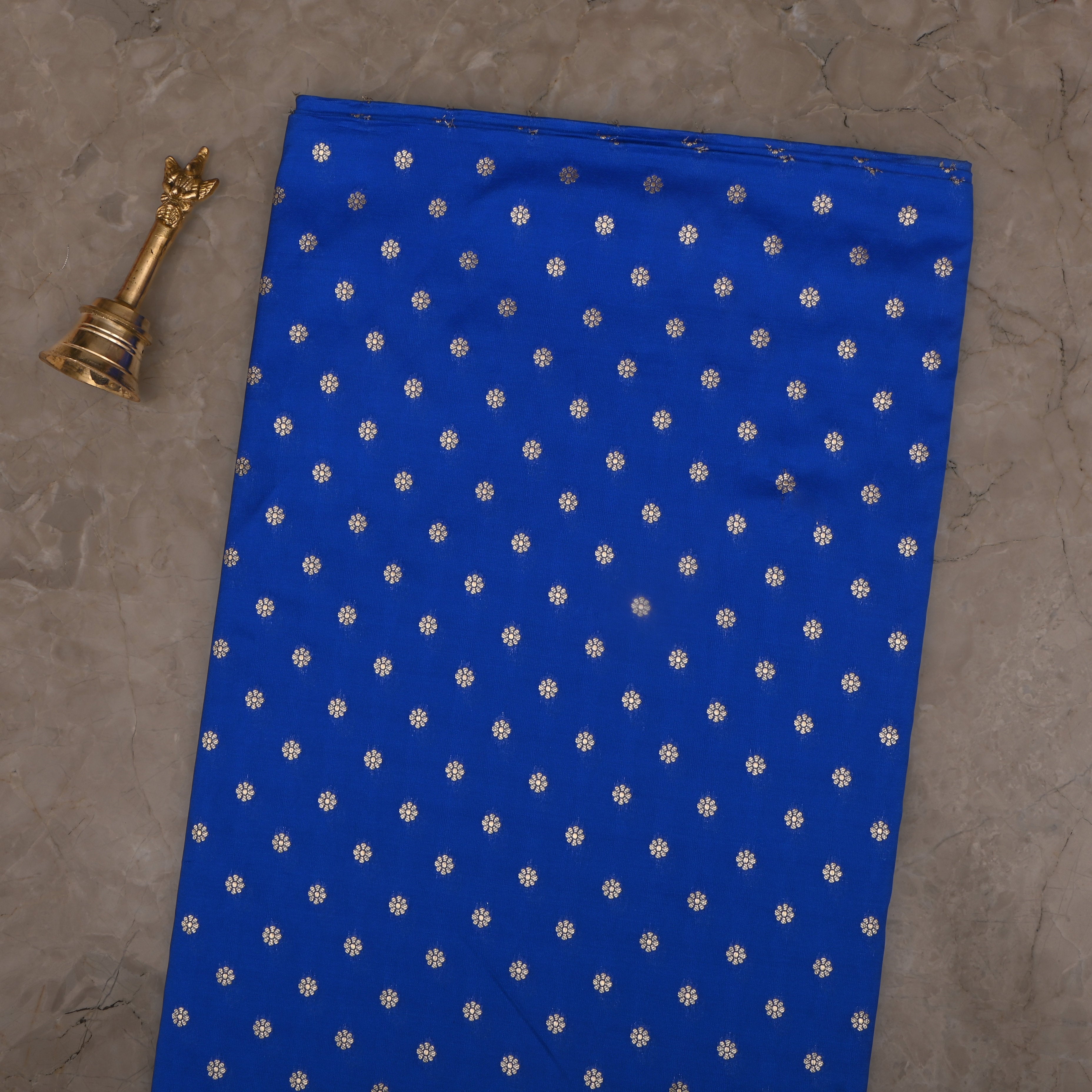 Cobalt Blue Jamawar Silk Fabric With Floral Butti'S