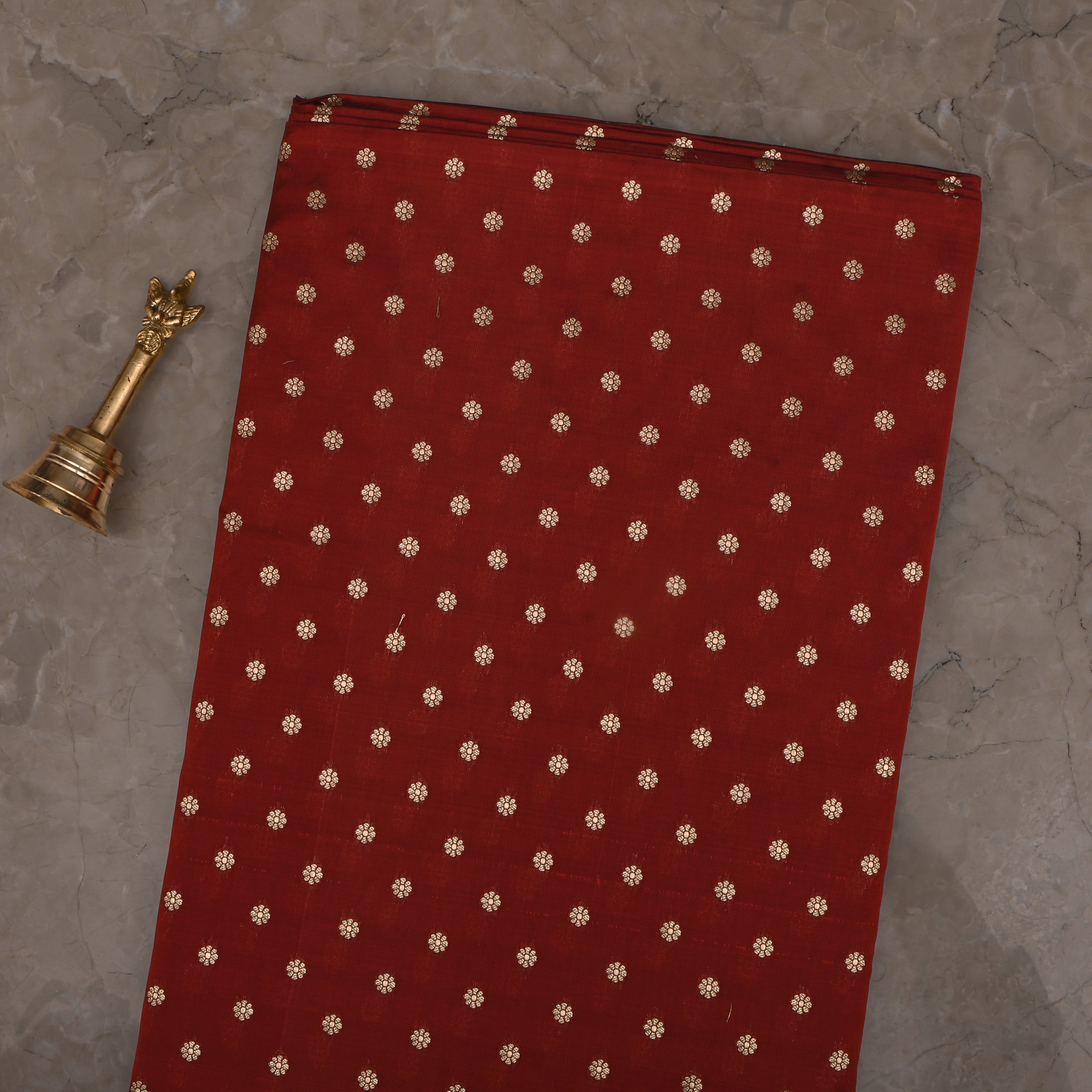 Cherrywood Red Jamawar Silk Fabric With Floral Butti'S
