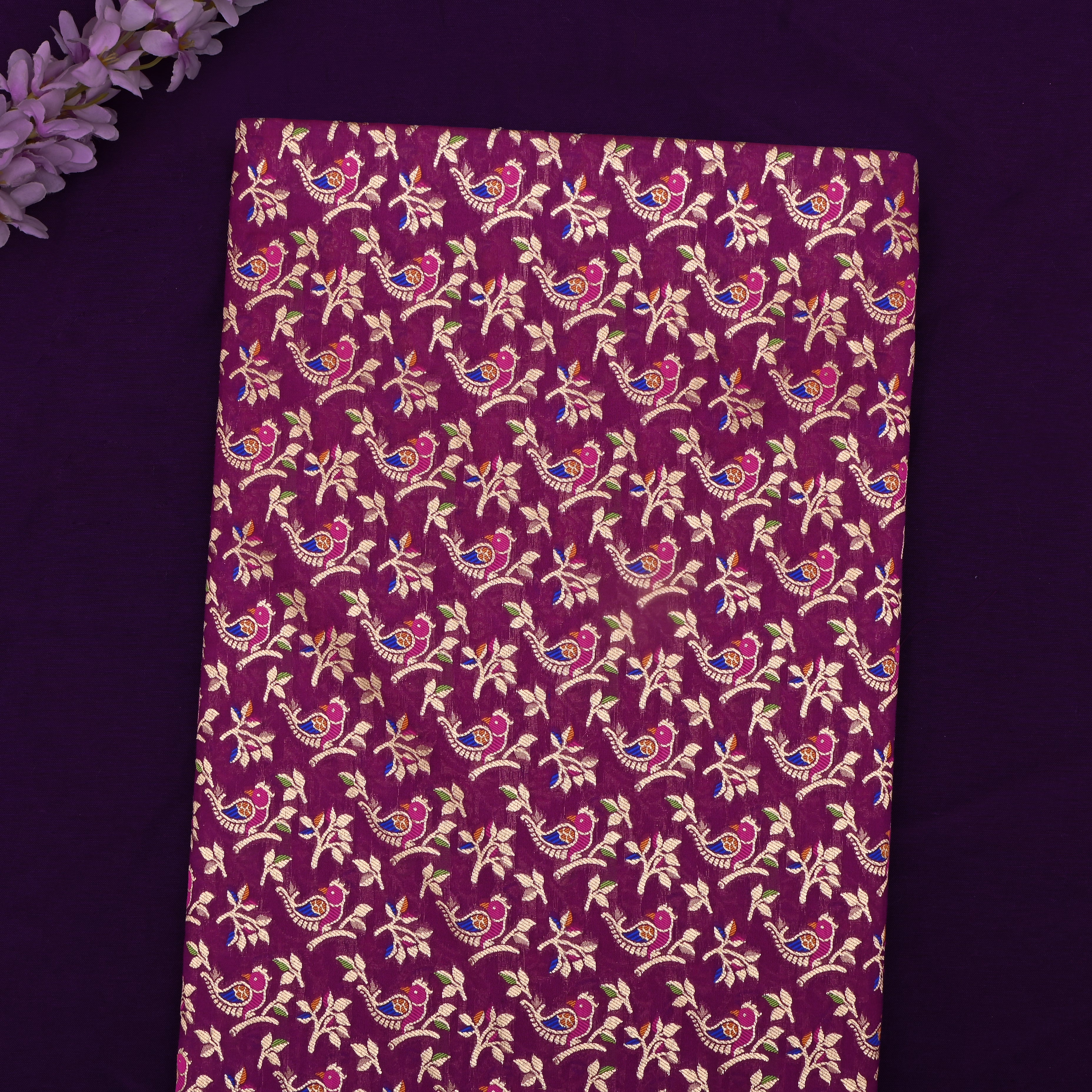 Magenta Purple Banaras Fabric With Avian Pattern