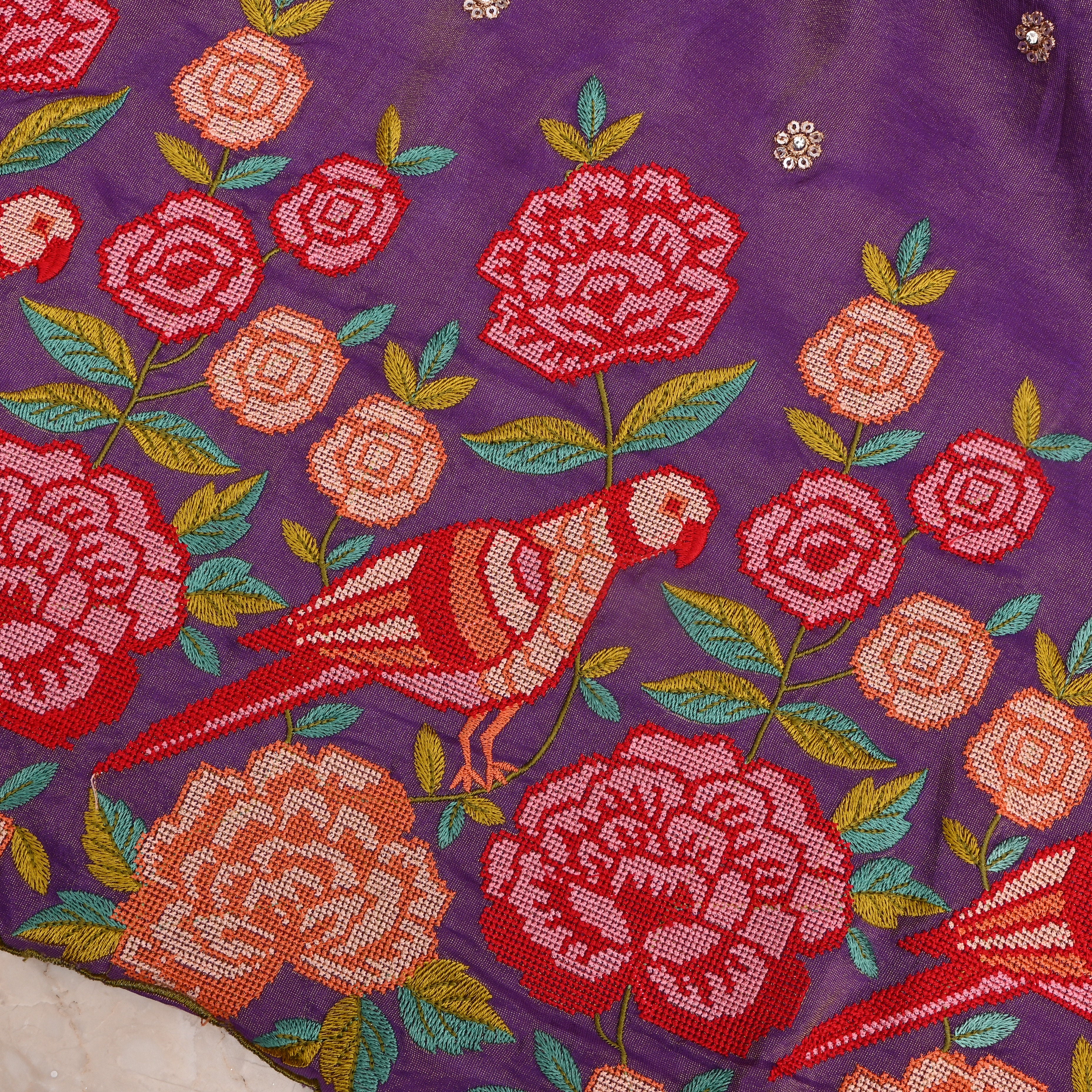 Purple Tissue Fabric With Petit Point Embroidery