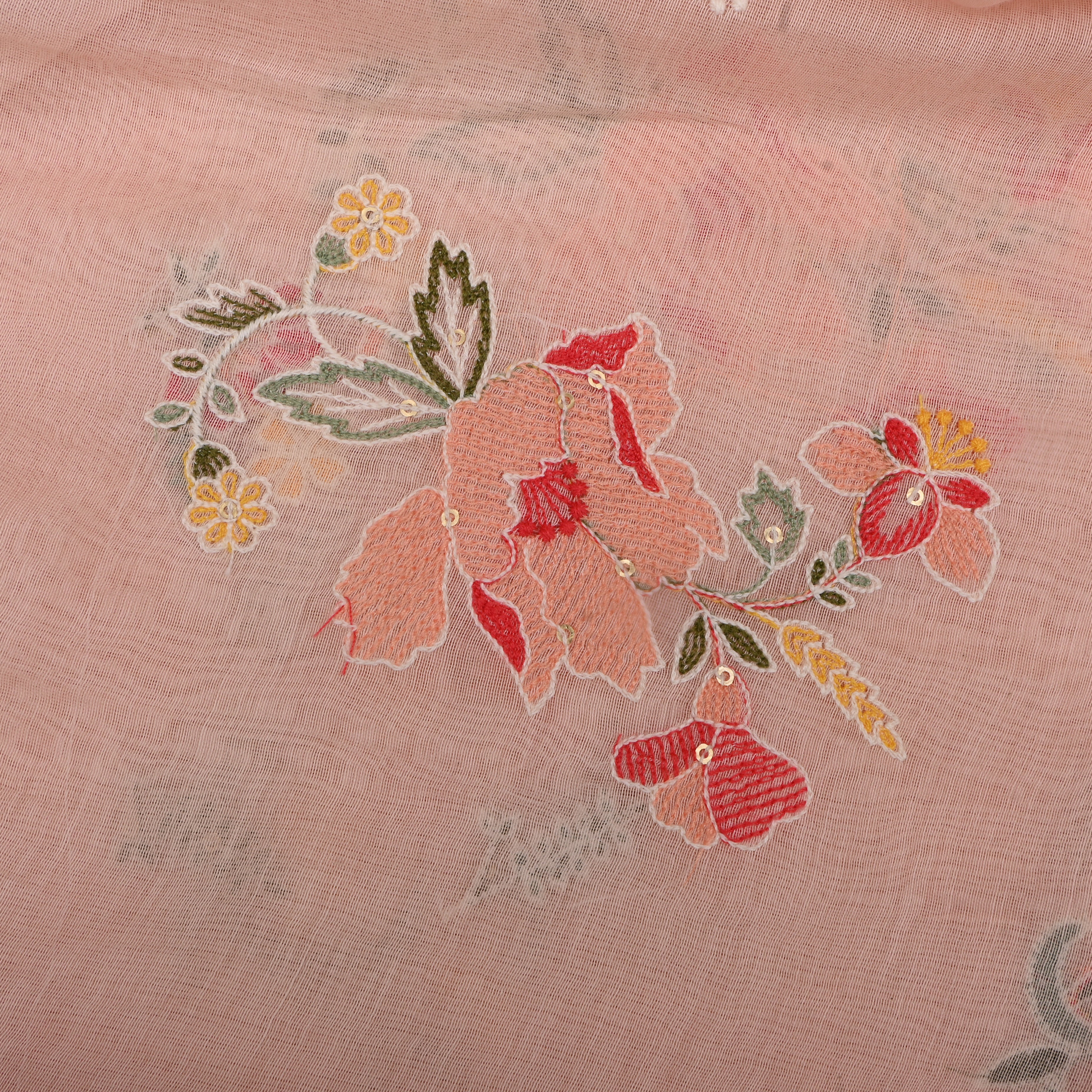 Soft Salmon Pink Chanderi Fabric With Embroidery