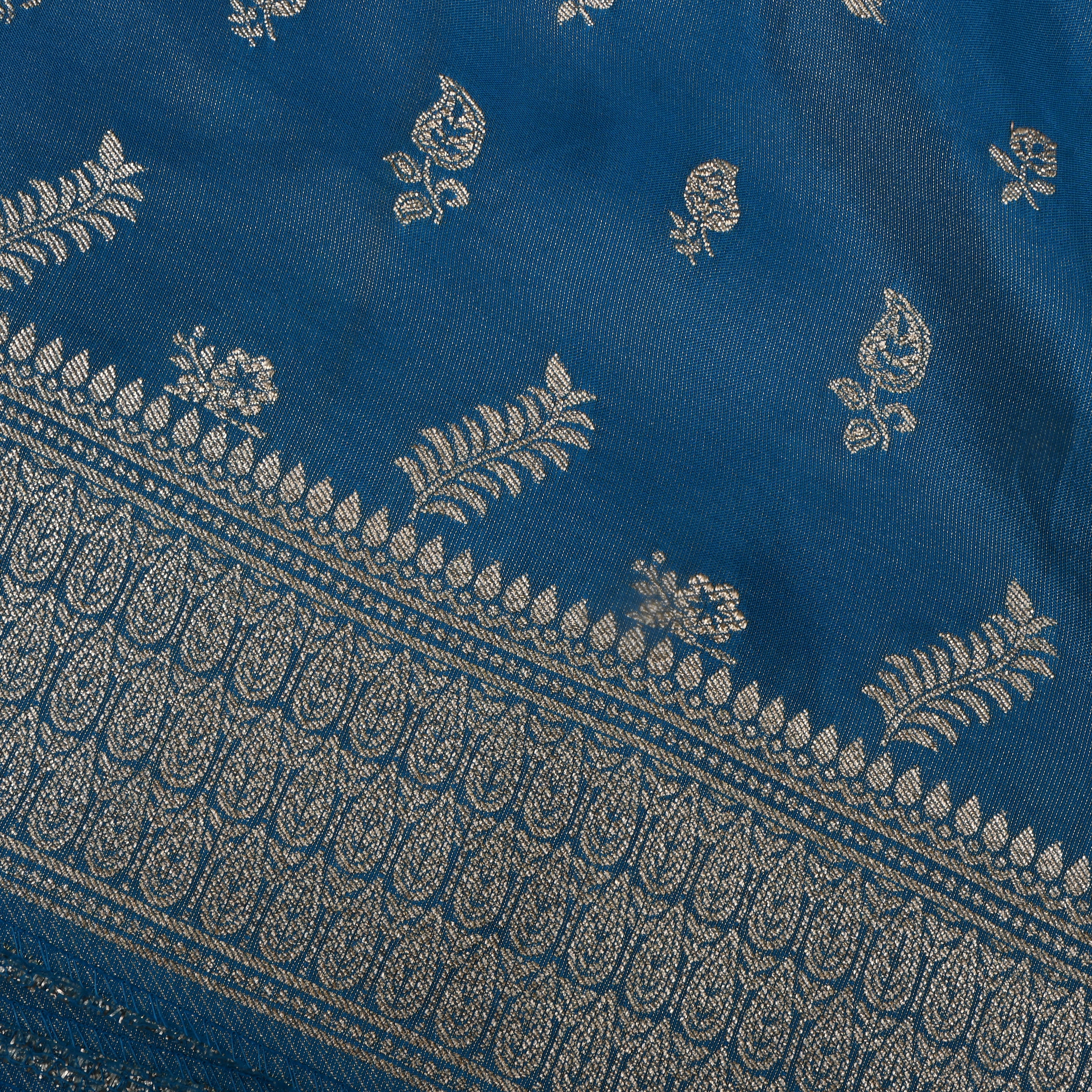 Tufts Blue Jamawar Tissue Fabric With Designer Border