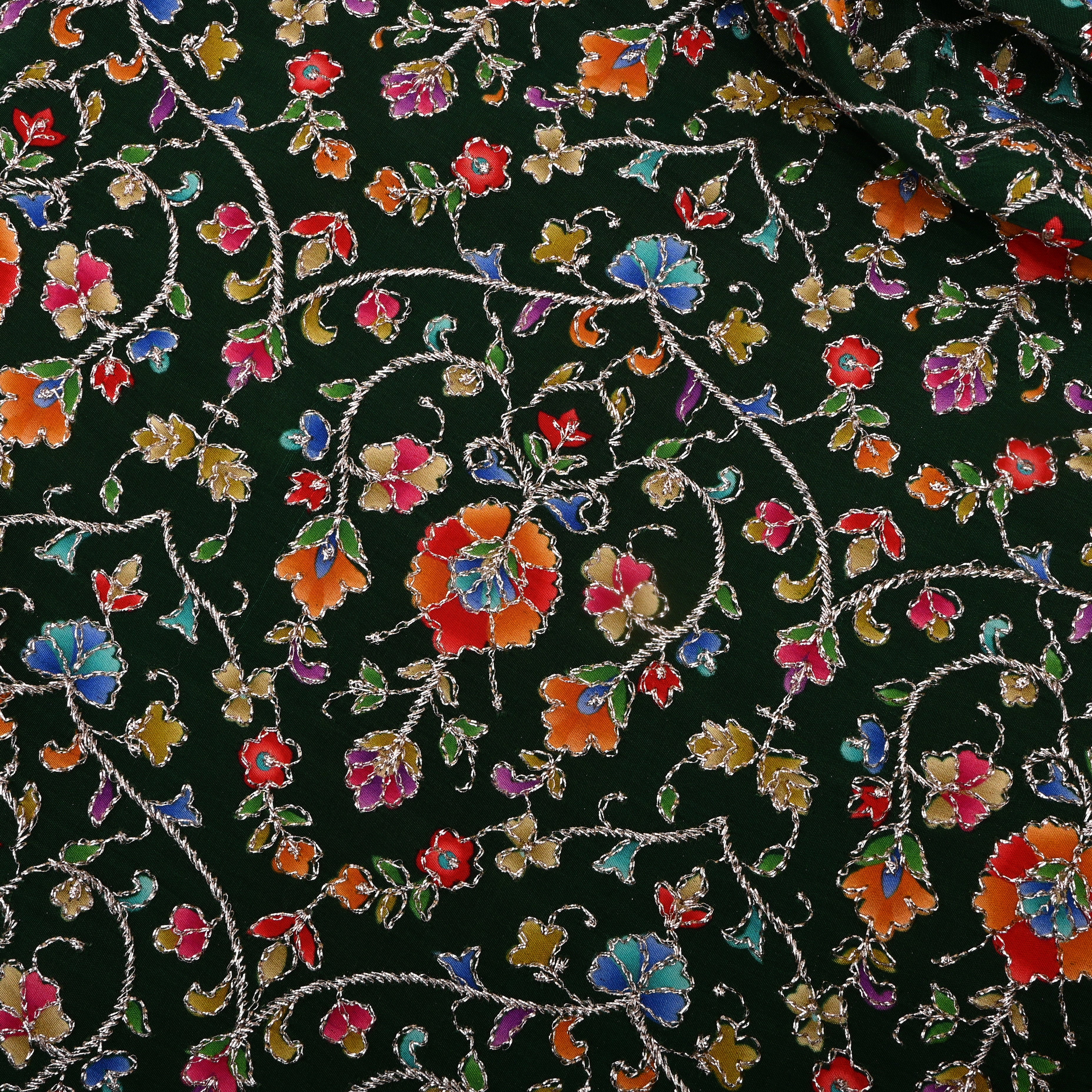 Dark Green Organza Fabric With Embroidery