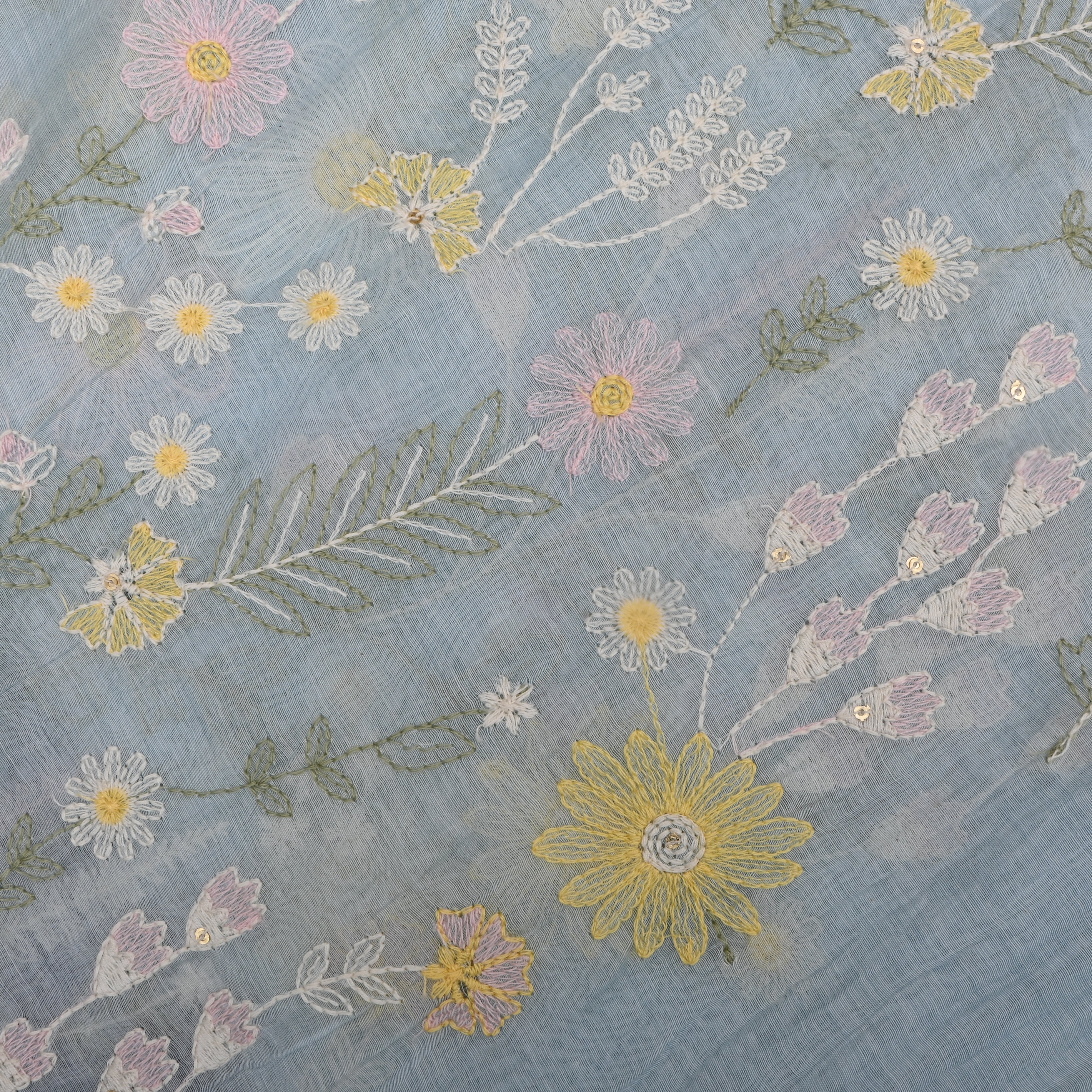 Pastel Blue Chanderi Fabric With Thread Embroidery