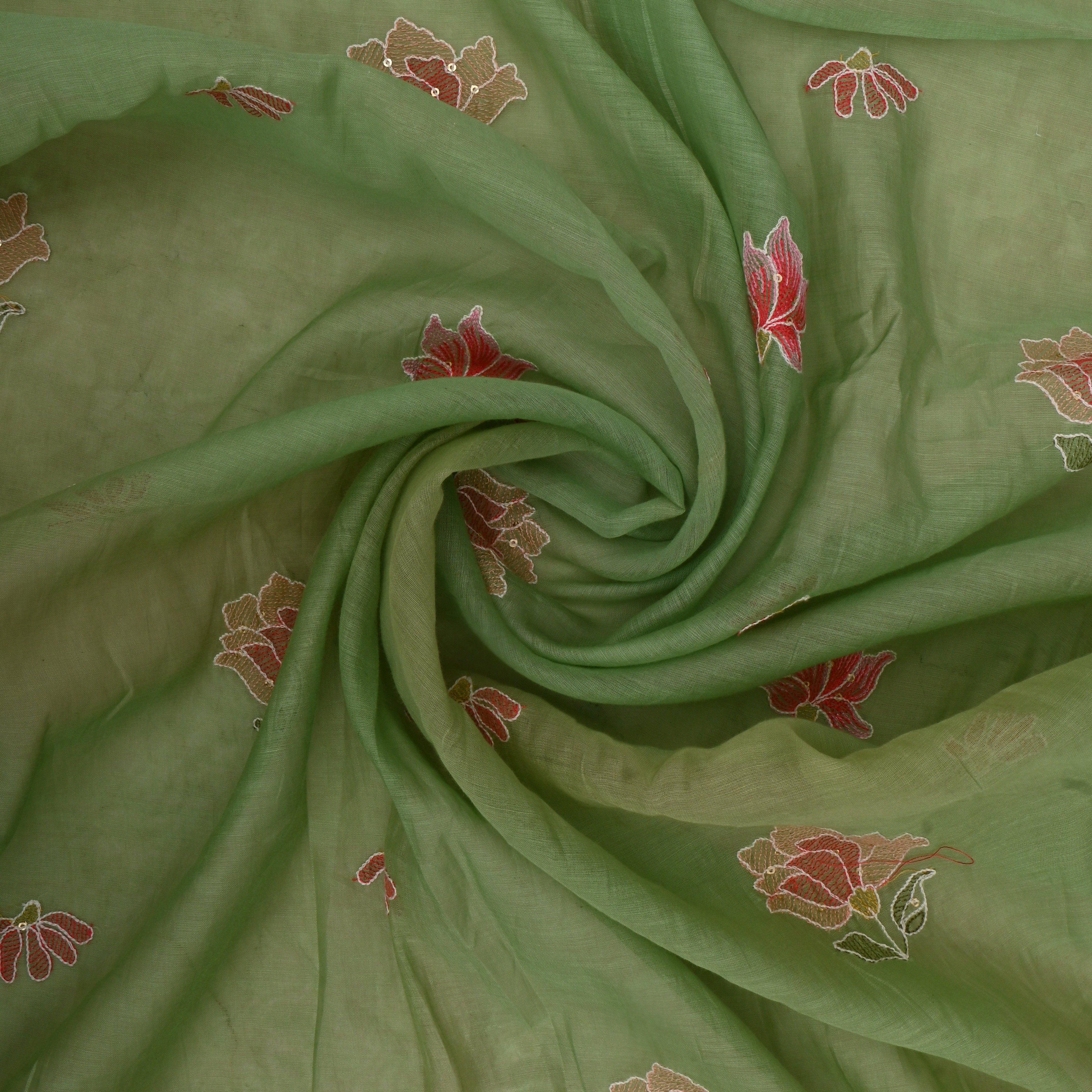 Pista Green Mulchanderi Fabric Thread Embroidery