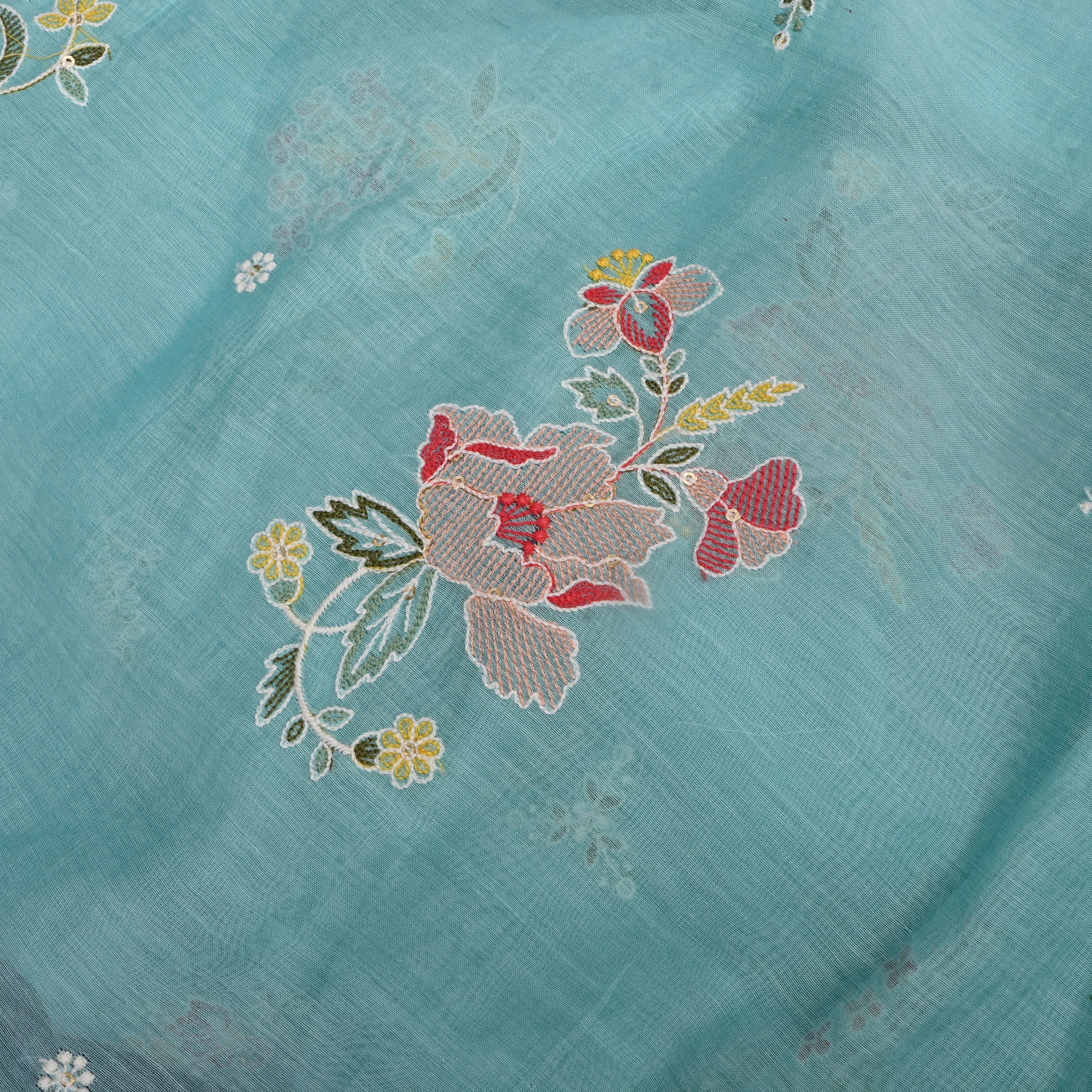 Light Blue Mul Chanderi Fabric With Thread Embroidery